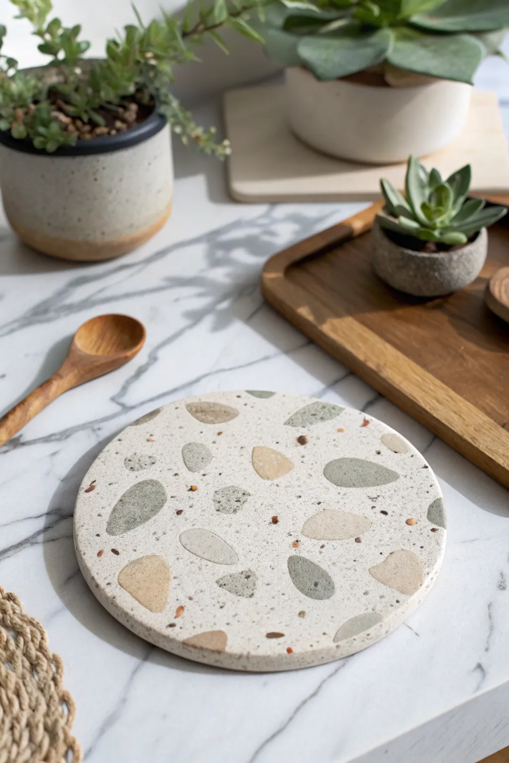 Elevate your kitchen aesthetics with a faux stone clay trivet - where practicality meets modern elegance.