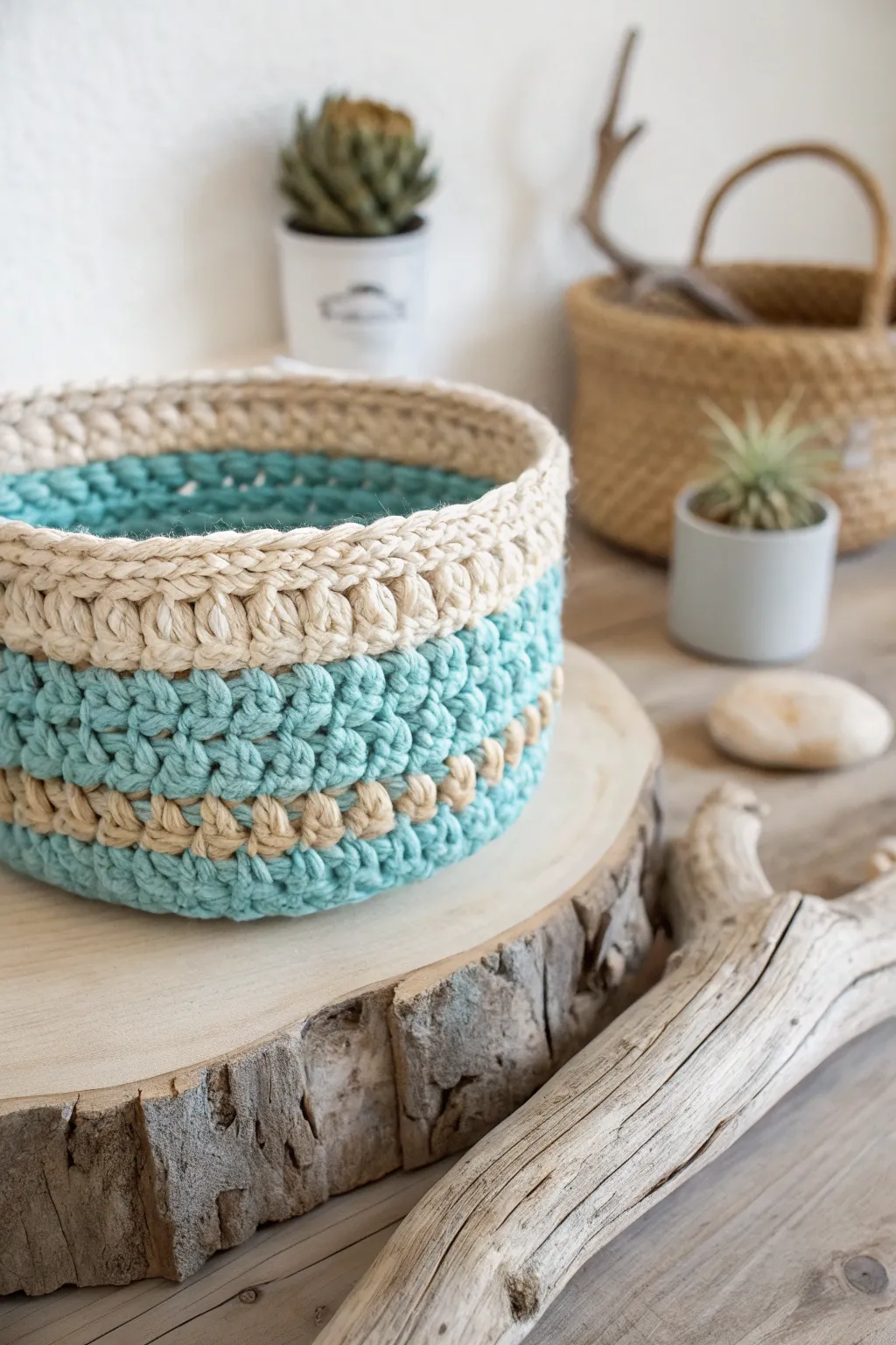 Bring the calm of the ocean into your home with this stunning nautical crochet basket.