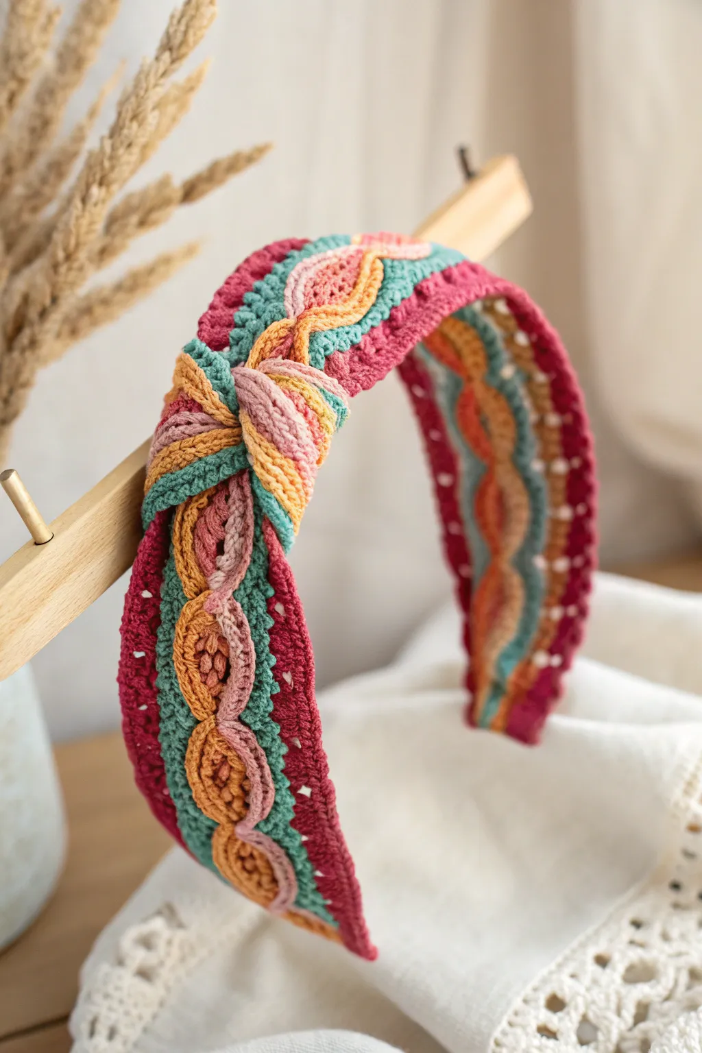 Add a touch of retro charm to your look with this vibrant crochet headband, perfect for breezy days.