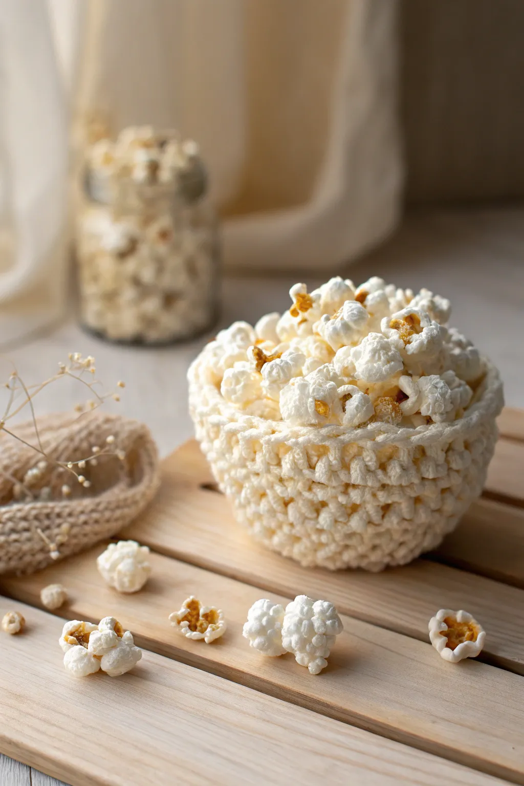 Whimsical crochet popcorn: the perfect touch for a cozy movie night atmosphere.