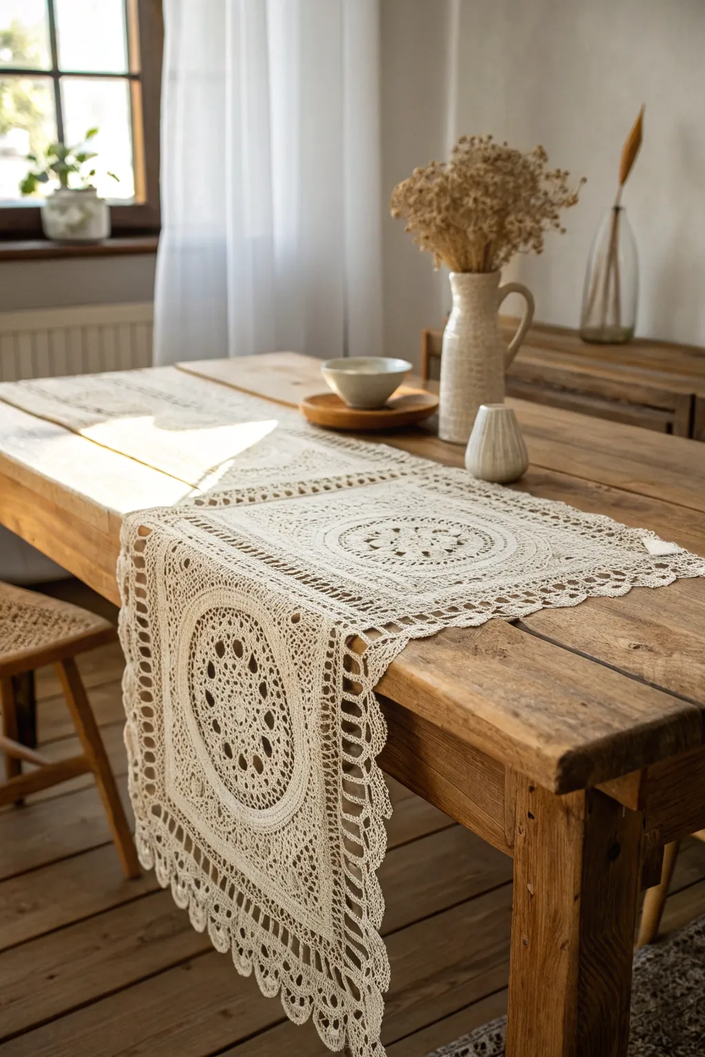 Transform your dining experience with the timeless elegance of a handcrafted lace table runner.