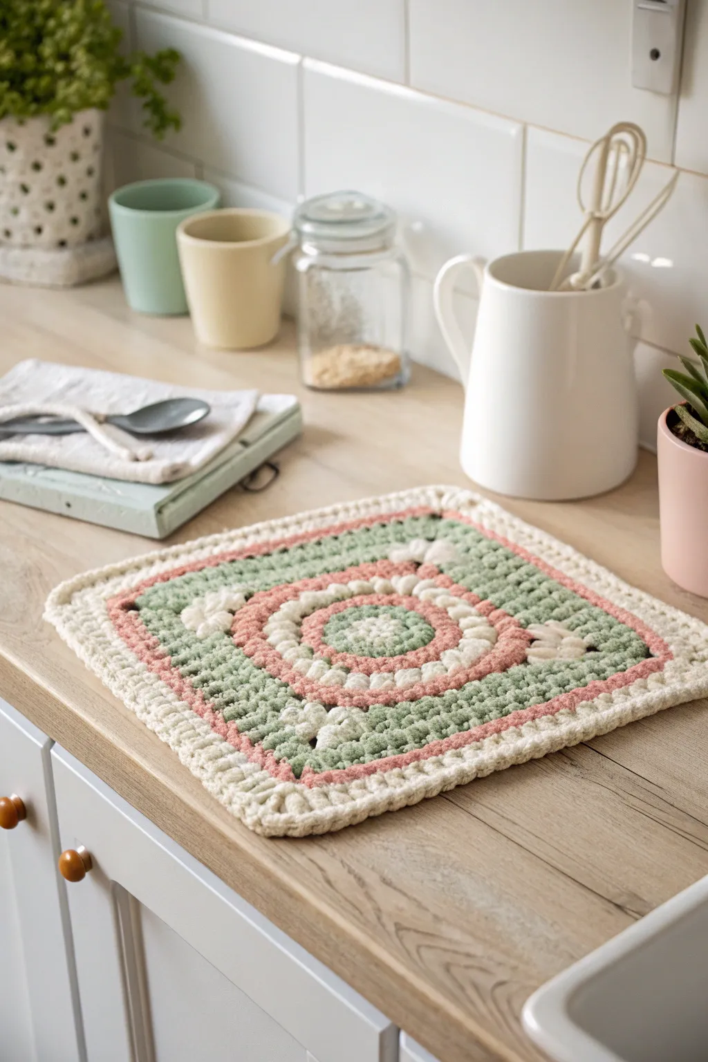 Add a touch of handcrafted warmth to your kitchen with this charming crochet hot pad.
