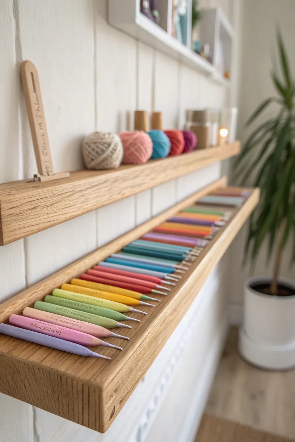 Elevate your crafting space with chic and colorful crochet hook displays. #CraftCorner #ScandiBoho
