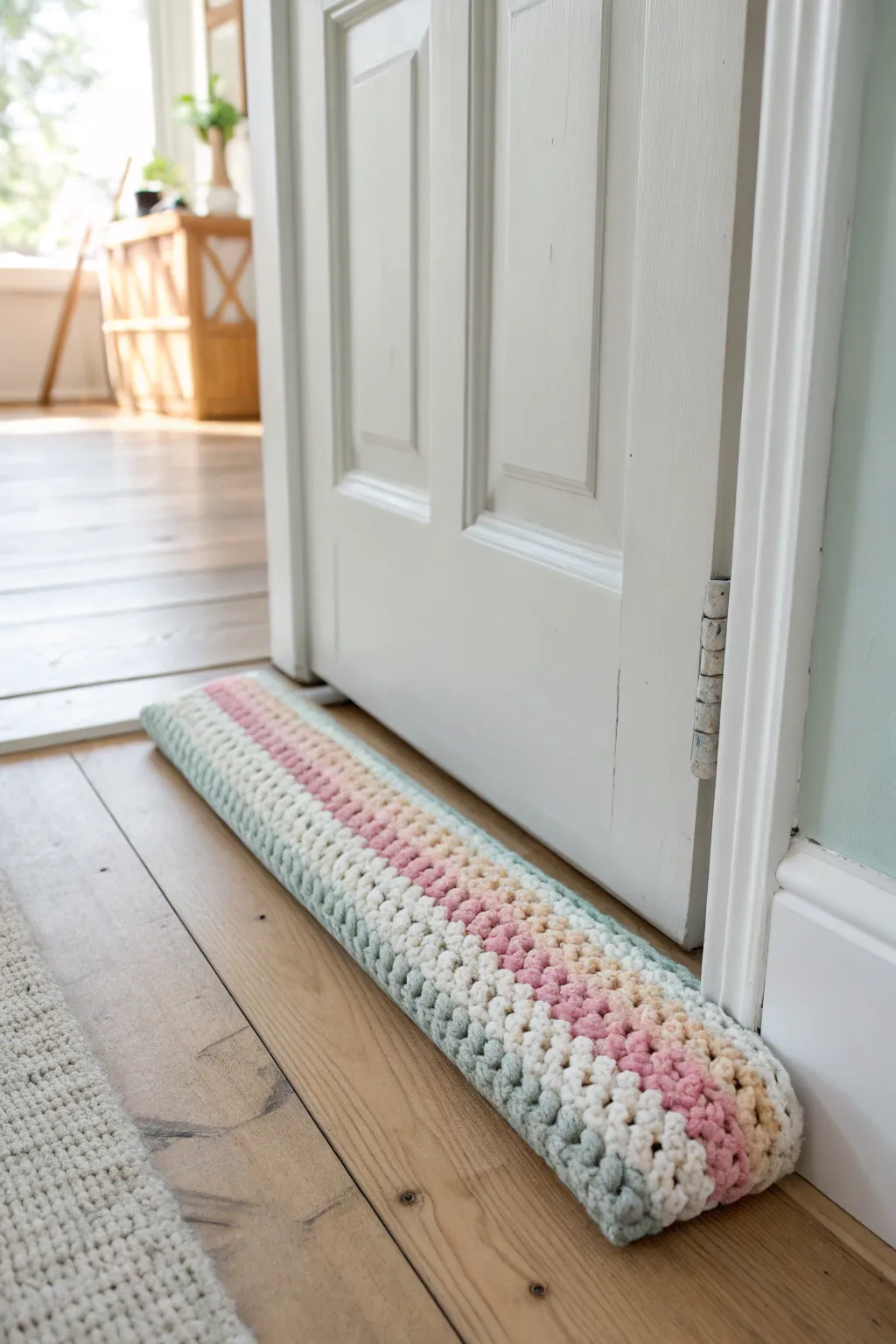 Add a cozy touch to your entryway with a beautifully crafted crochet door draft stopper in pastel hues.
