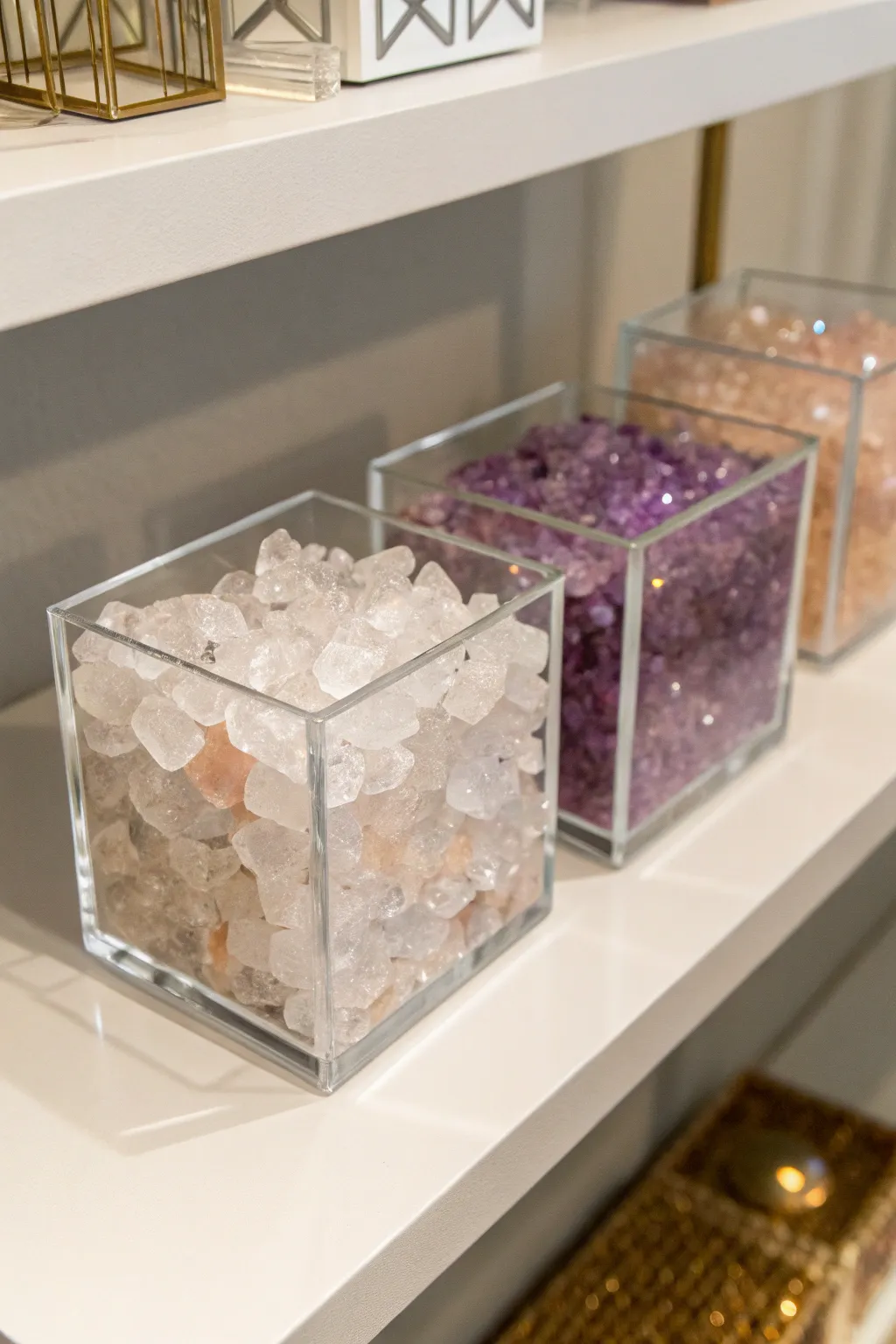 Acrylic boxes offering a sleek way to display crystals.