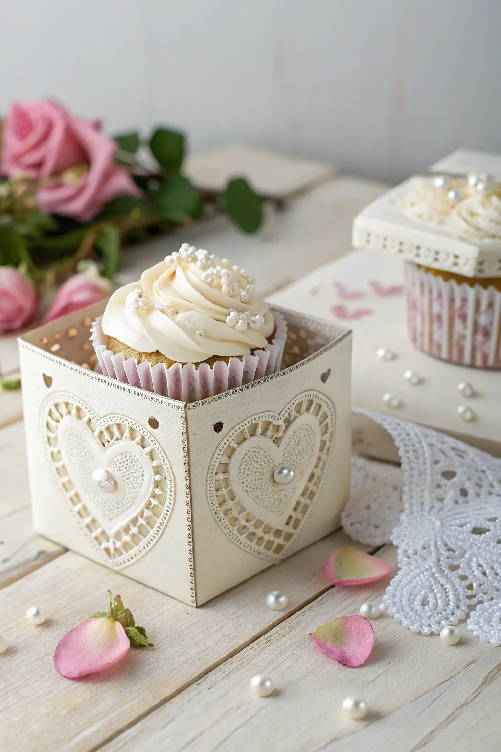 Embrace Nostalgia: A Vintage Valentine Cupcake Box with Lace and Pearls.