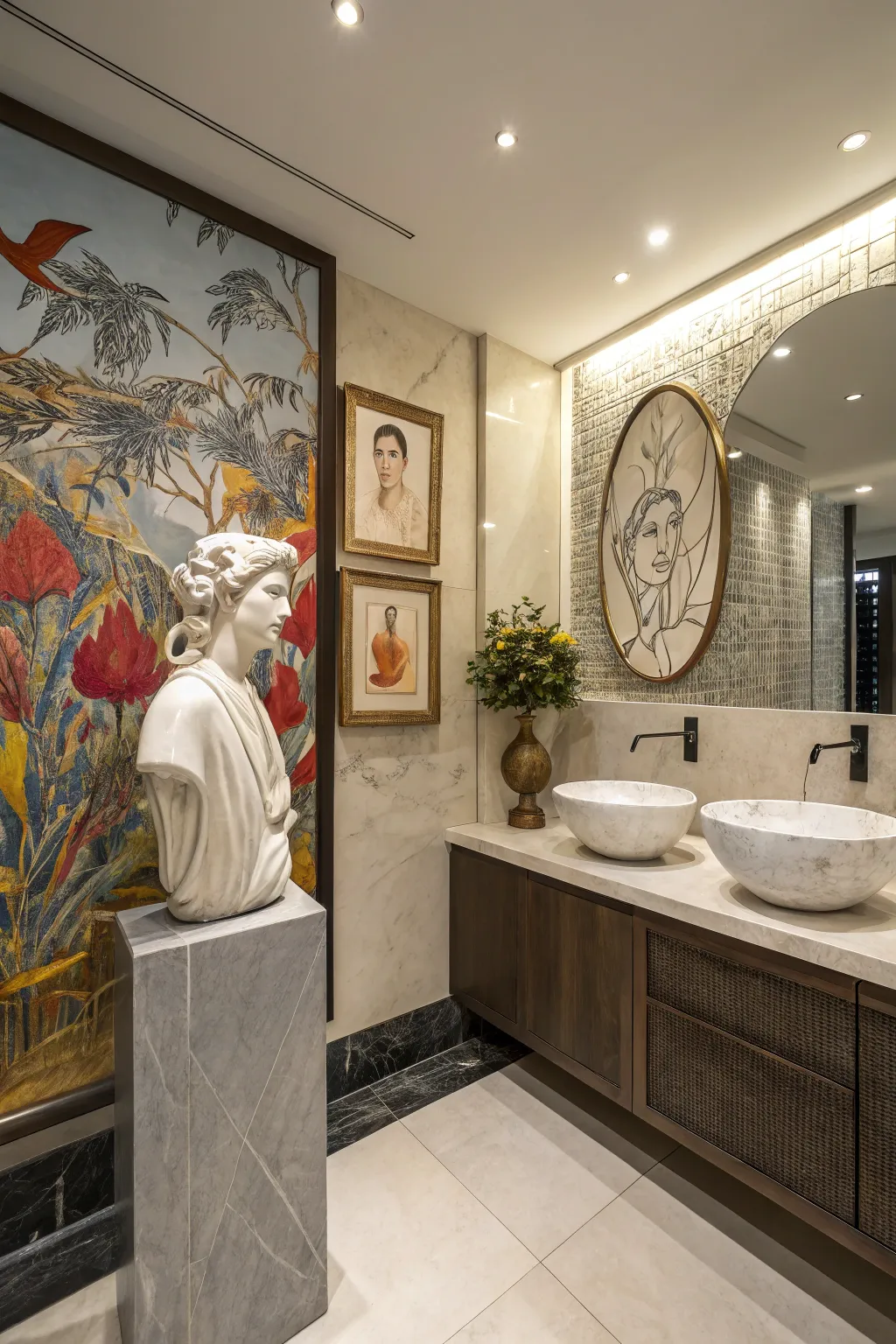 Artistic elements infuse this bathroom with personality and charm.