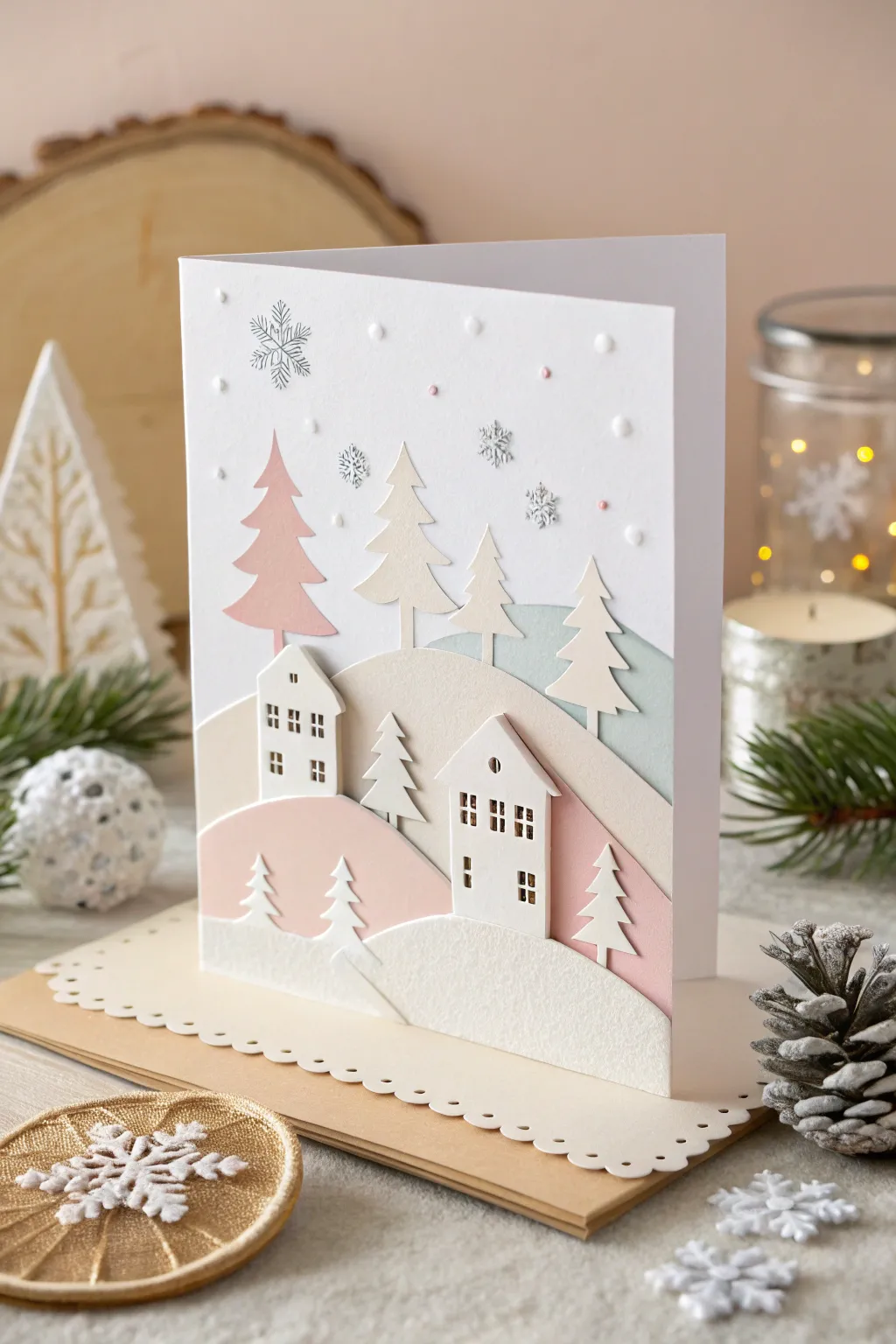 Discover the art of layered paper cutouts for a charming and serene Christmas card design.