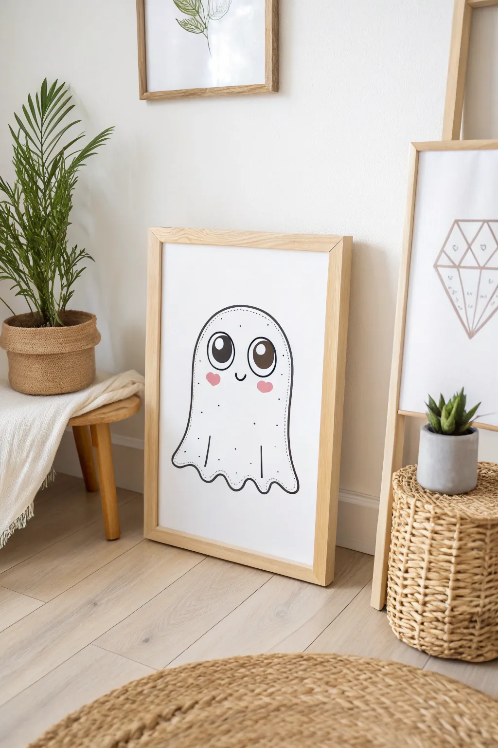 Embrace the charm of Gentle Ghosts with this kawaii-inspired artwork, adding a touch of whimsy to your minimalist decor.