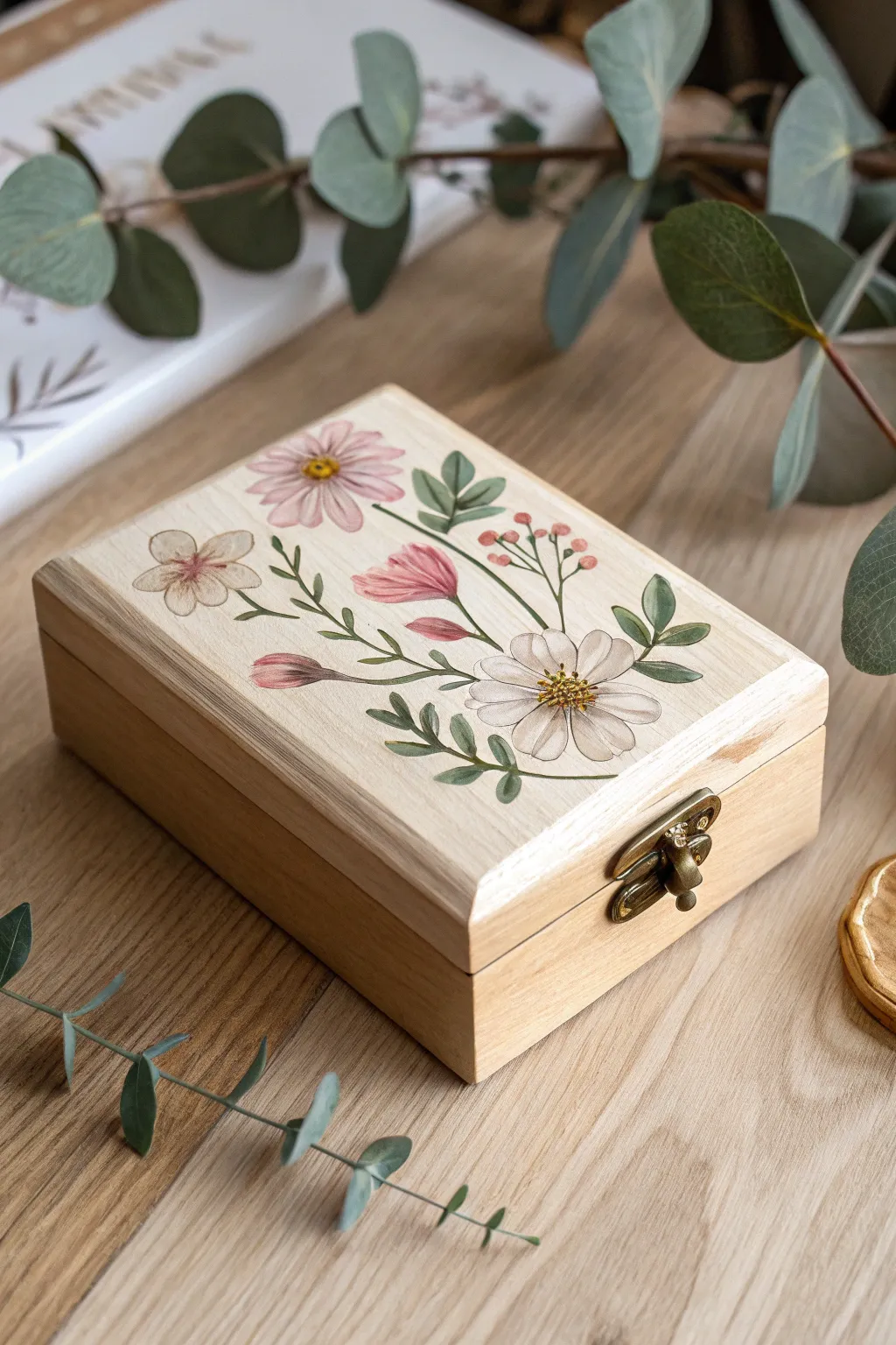 Unleash your creativity with a hand-painted masterpiece on a wooden box, embracing minimalist beauty with a boho flair.