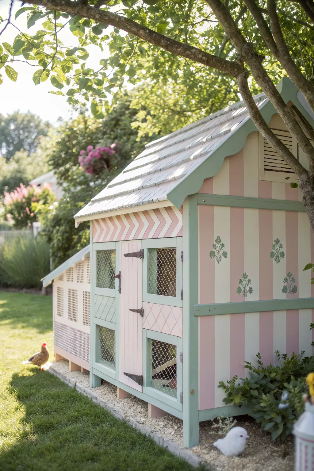 Embrace playful patterns in your coop design for a touch of whimsy and elegance.