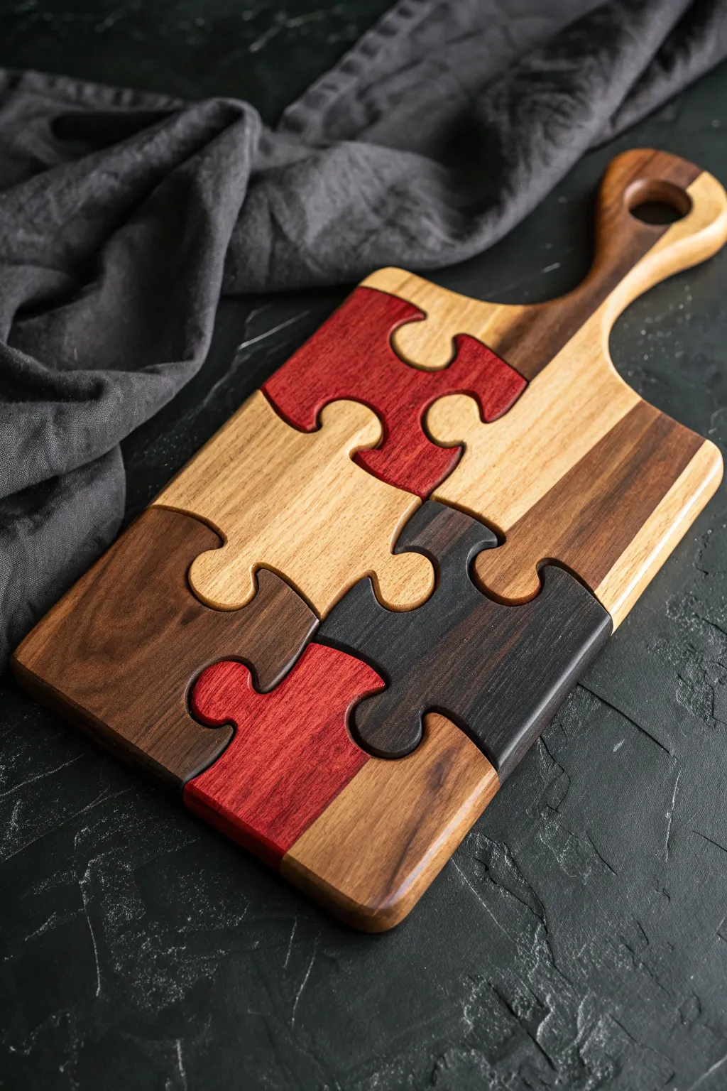 Elevate your kitchen game with this unique puzzle piece cutting board, where craftsmanship meets playful design.