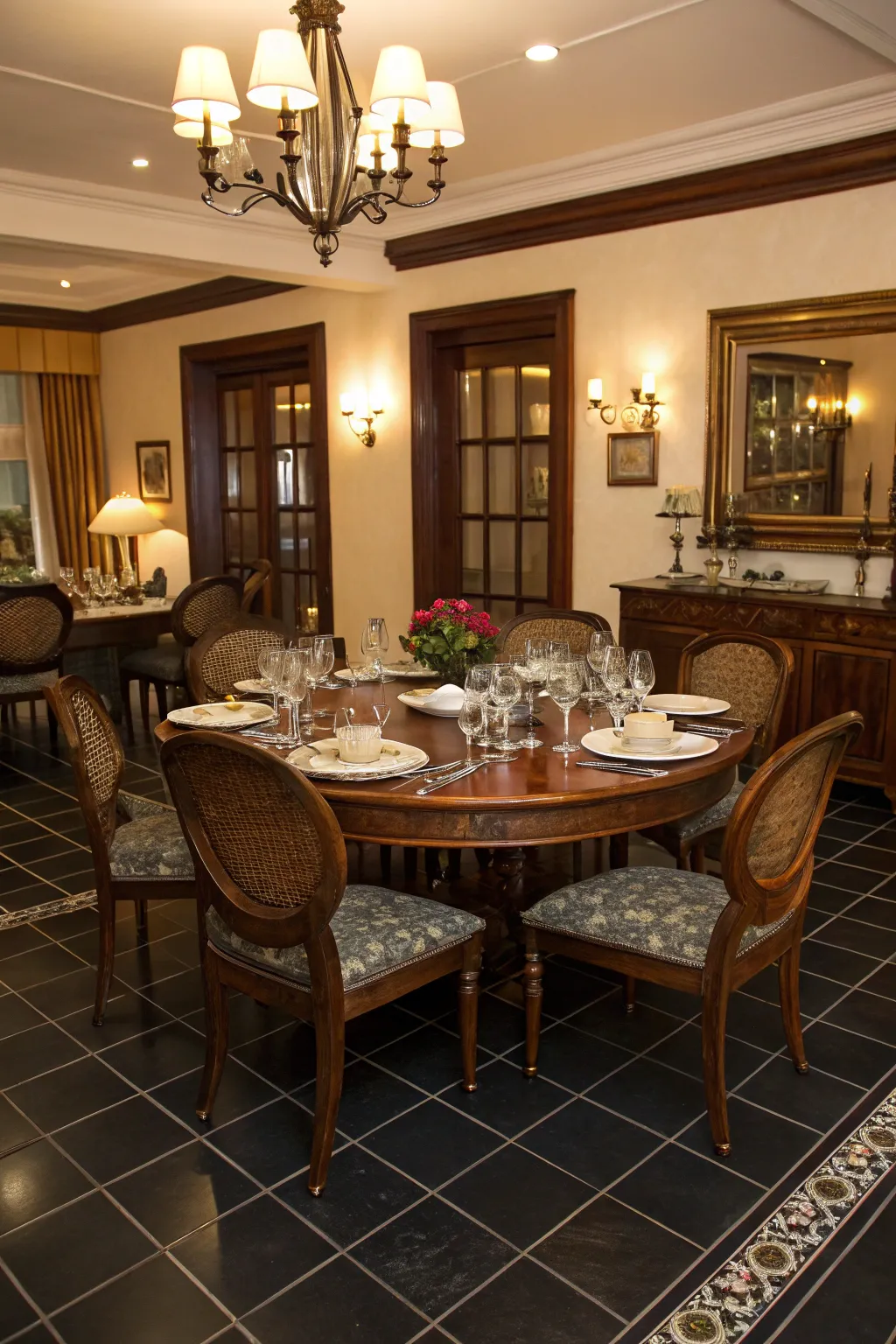A stylish dining area with dark tile backdrop.