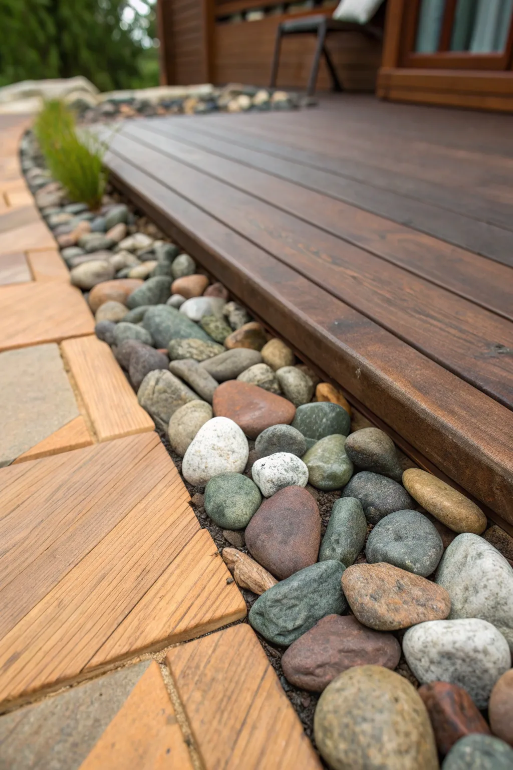 Elevate your deck with the rustic elegance of a stone border.