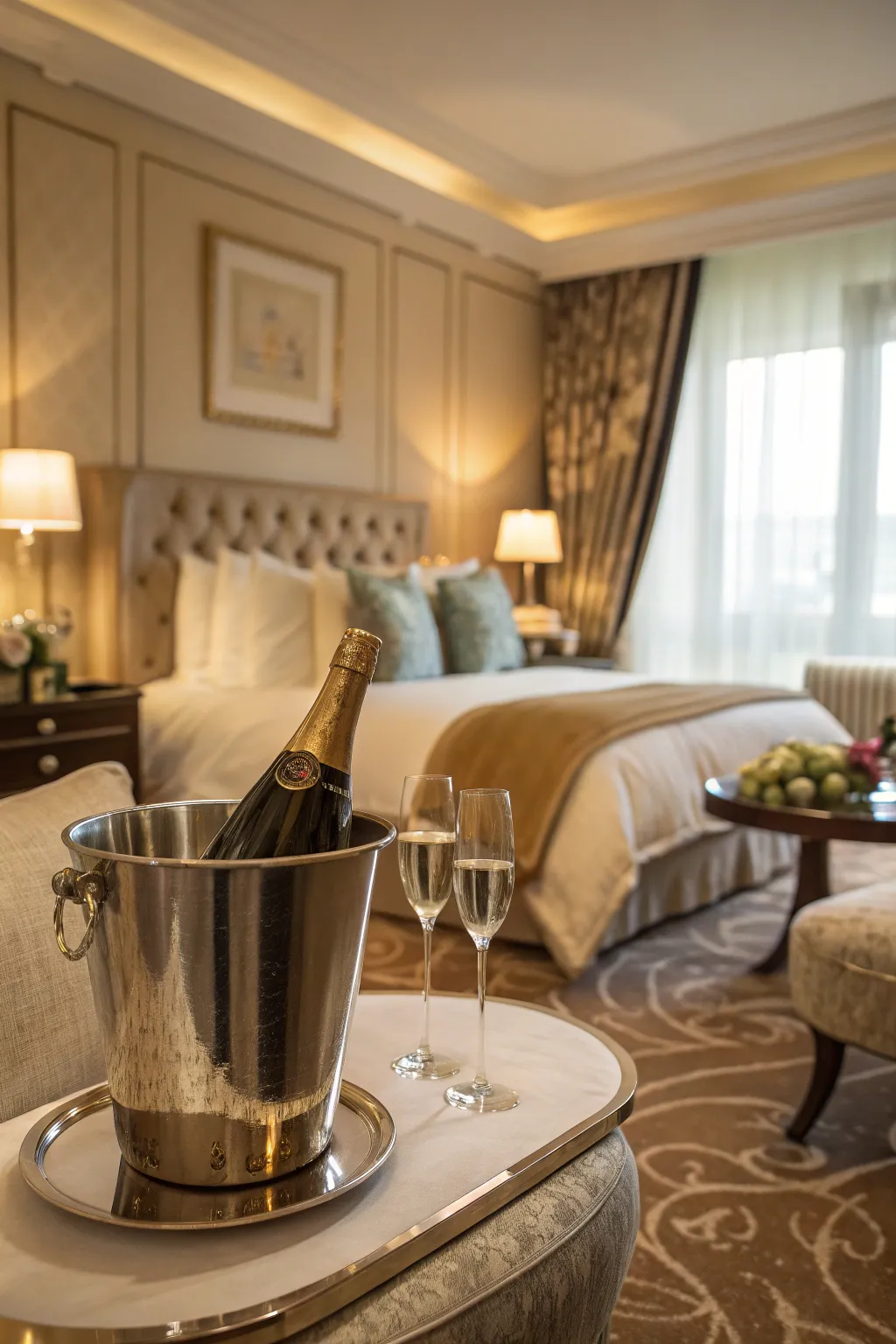 Wine or champagne display adds a luxurious touch.