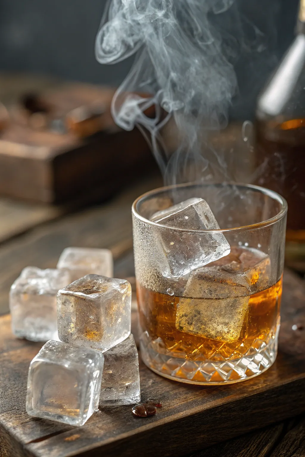 Smoke-infused ice cubes add a complex flavor profile.