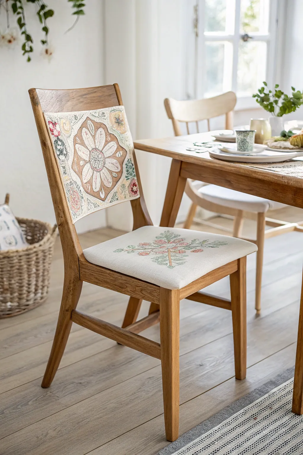 Transform your dining area with elegant napkin decoupage on wooden chairs for a chic, handcrafted look.