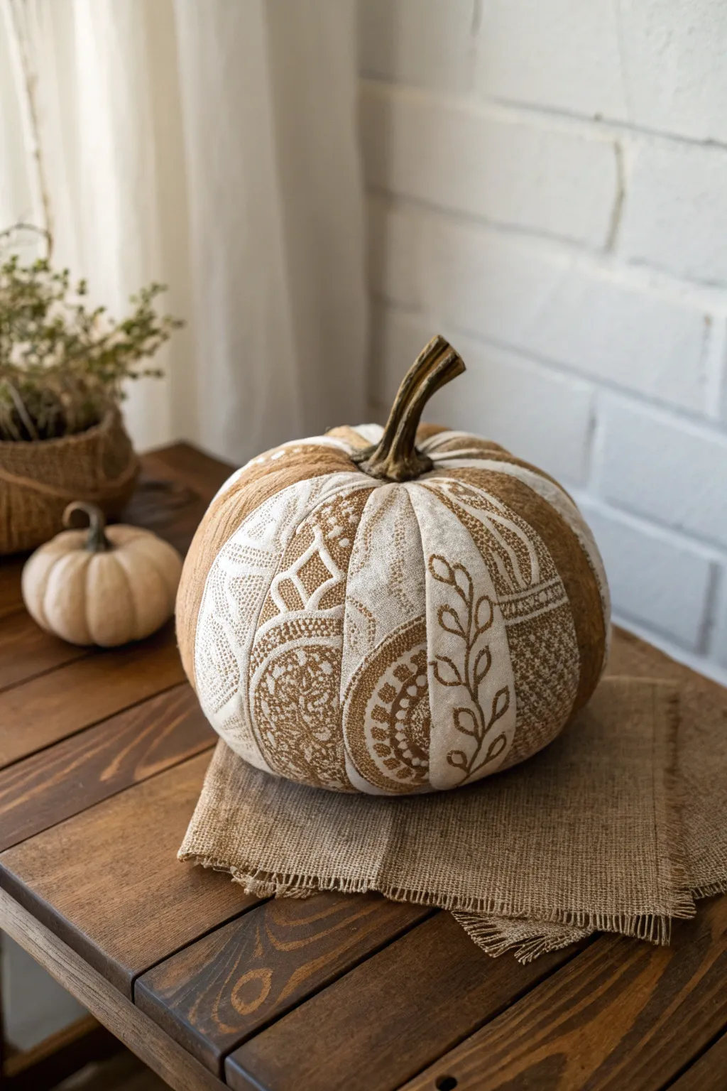 Embrace rustic charm with a beautifully decoupaged pumpkin, perfect for a cozy, Scandinavian-inspired Thanksgiving setting.