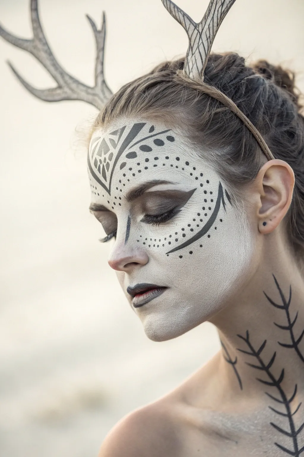 Embrace the elegance of monochrome with this chic deer-inspired face paint design.