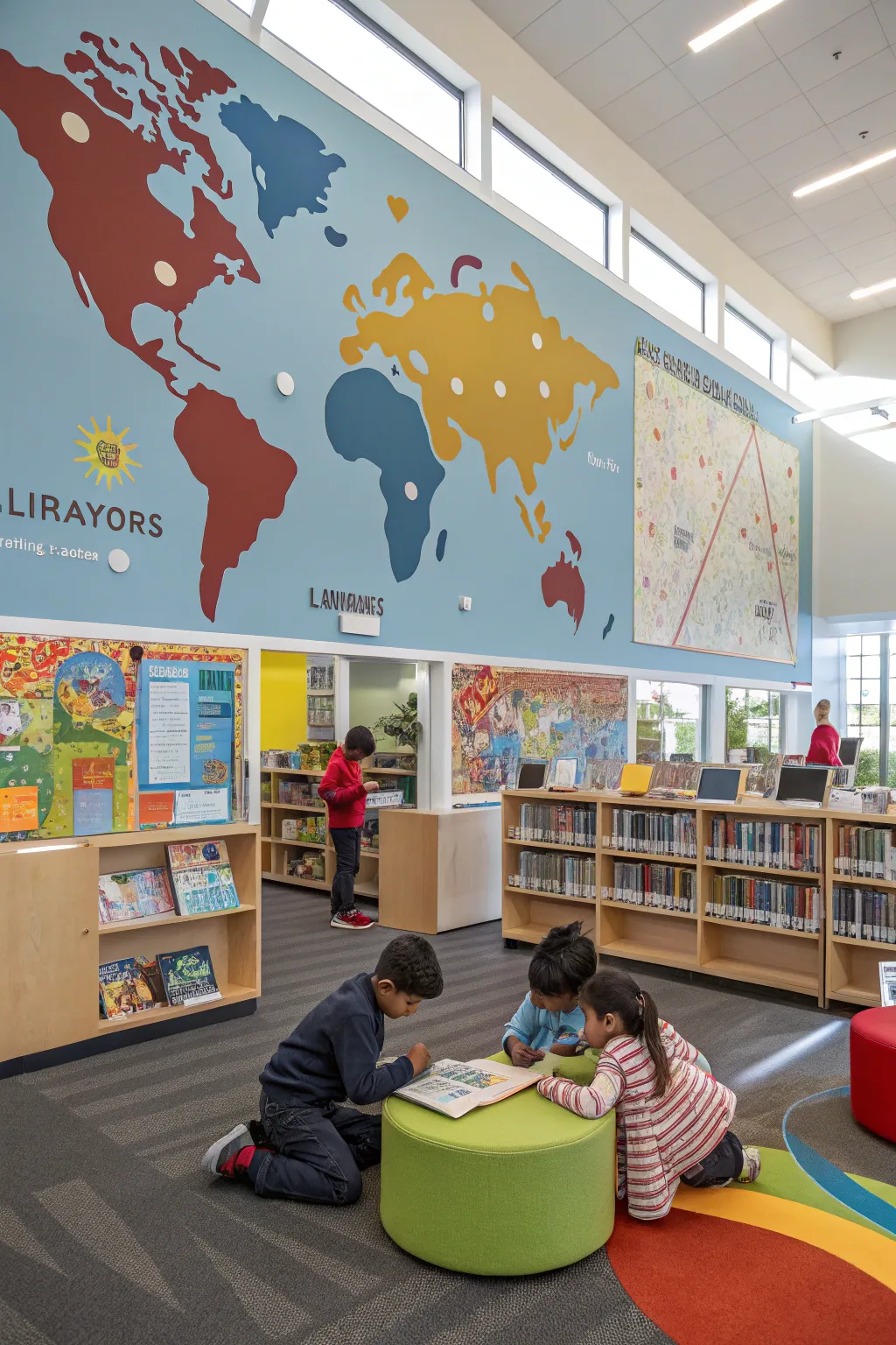 Learning walls transform the library into an interactive classroom.