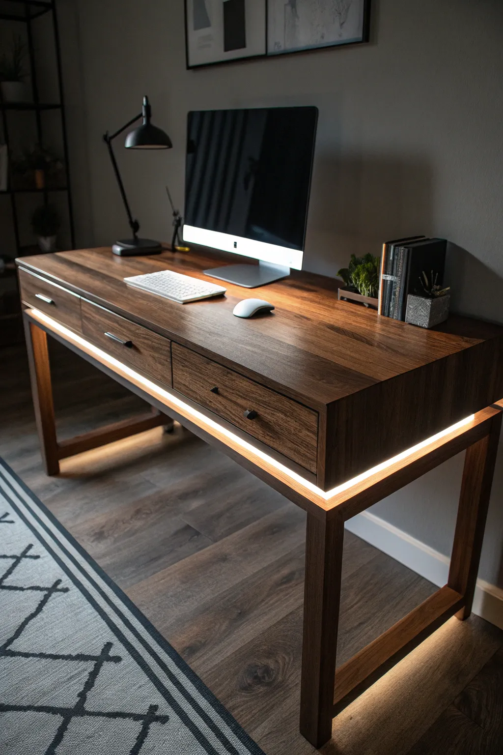 Transform your workspace with sleek integrated lighting for late-night inspiration.
