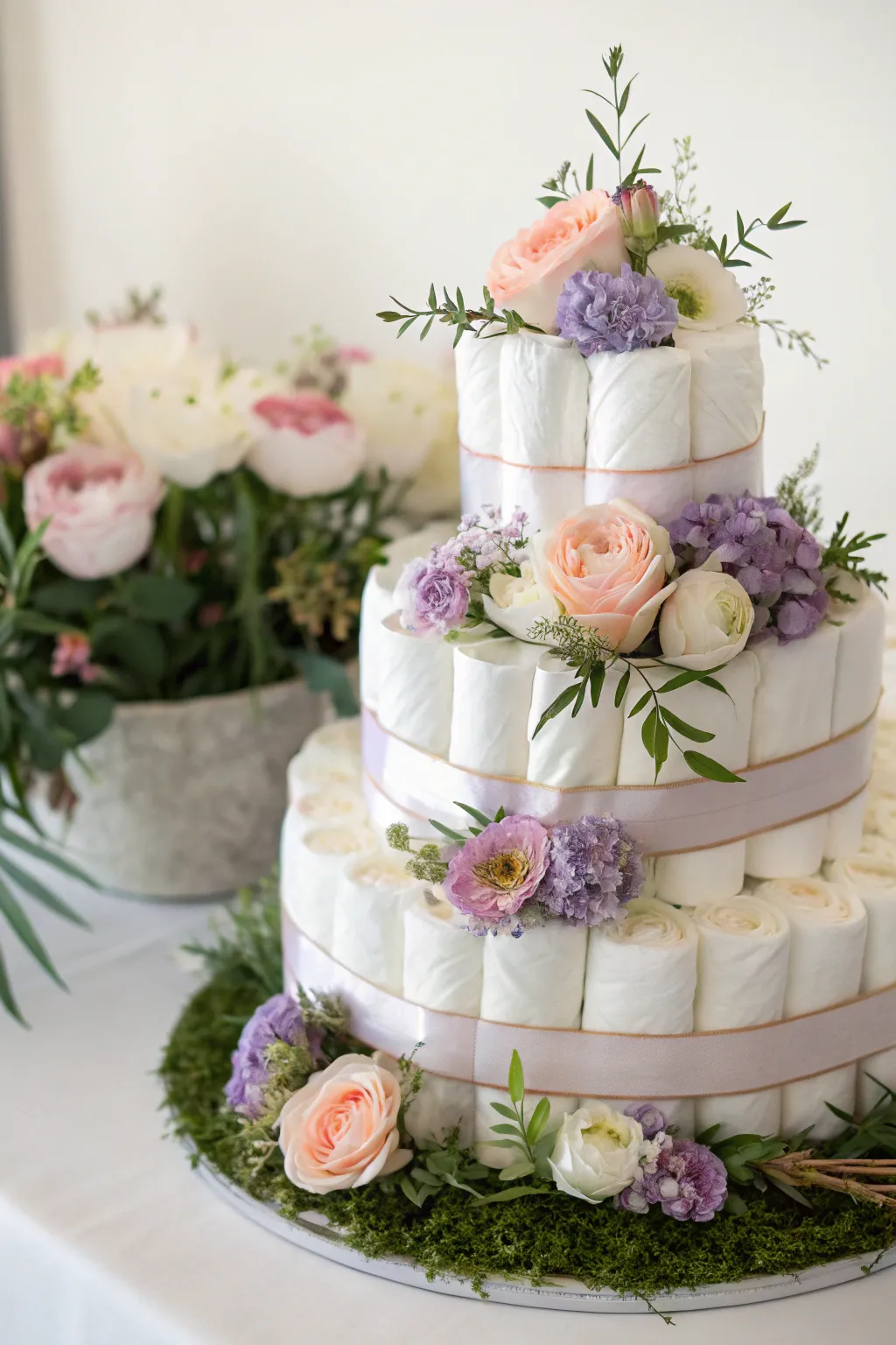 Embrace the beauty of spring with this Floral Fantasy diaper cake – where minimalism meets a bloom of elegance.