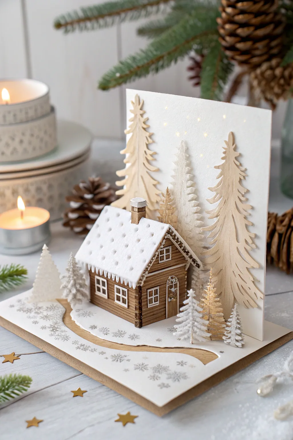 Invite someone into a peaceful winter retreat with this beautifully crafted die-cut Christmas card.