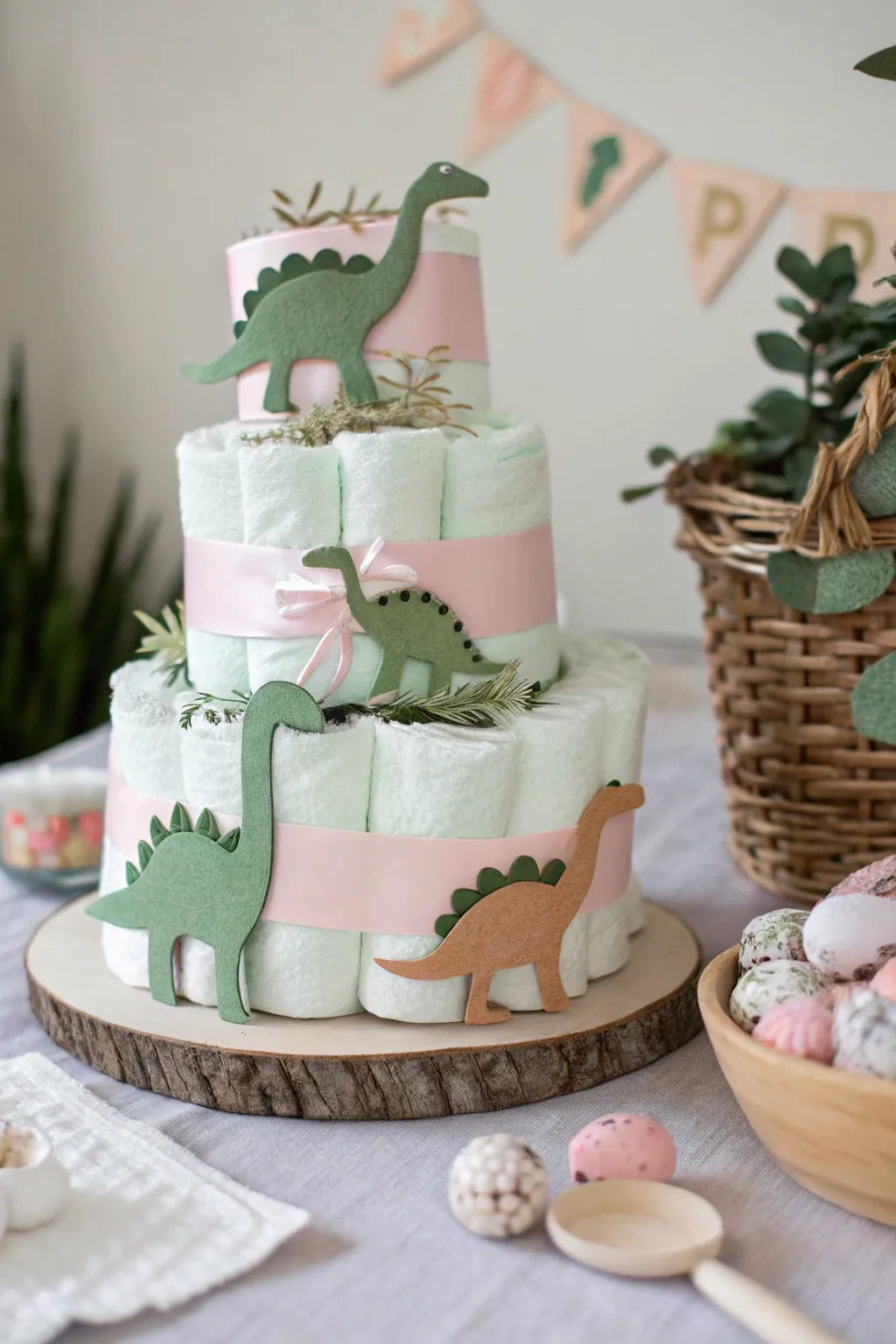 Add a personal touch to your baby shower with handcrafted dinosaur cutouts for a charming and minimalist diaper cake centerpiece.