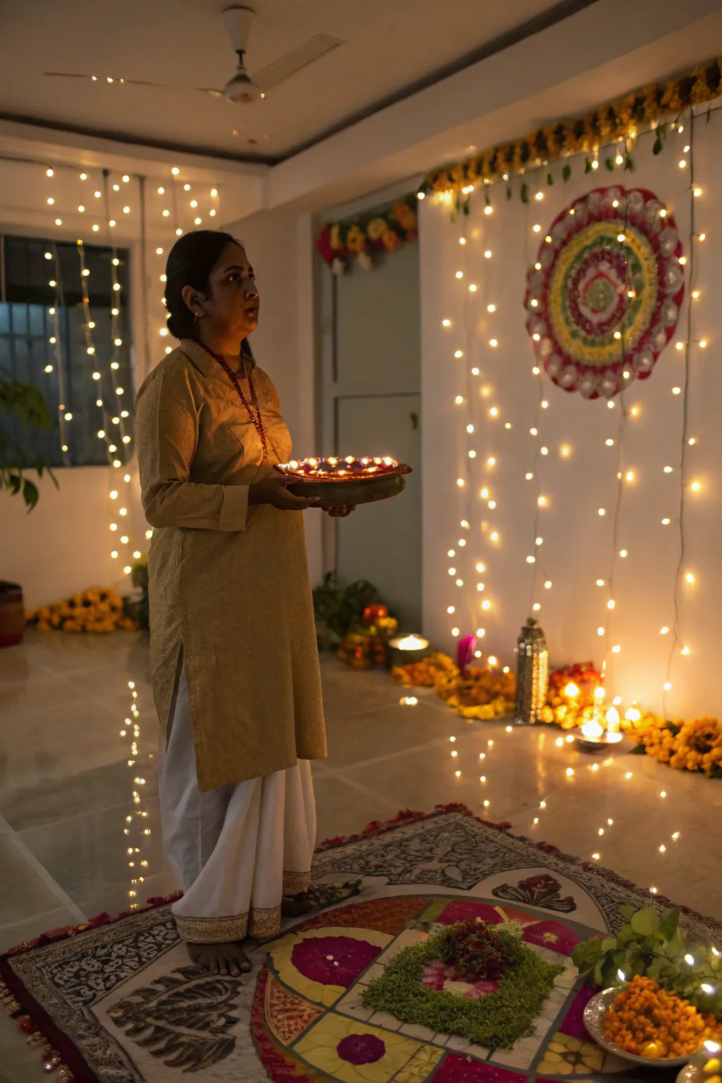 The puja thali pose highlights the traditional and cultural essence of Diwali.