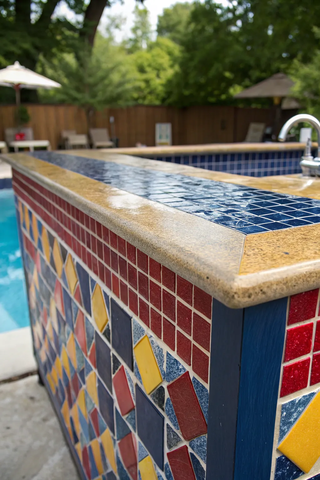 Elevate your poolside gatherings with a vibrant mosaic bar top, where craftsmanship meets bold design.