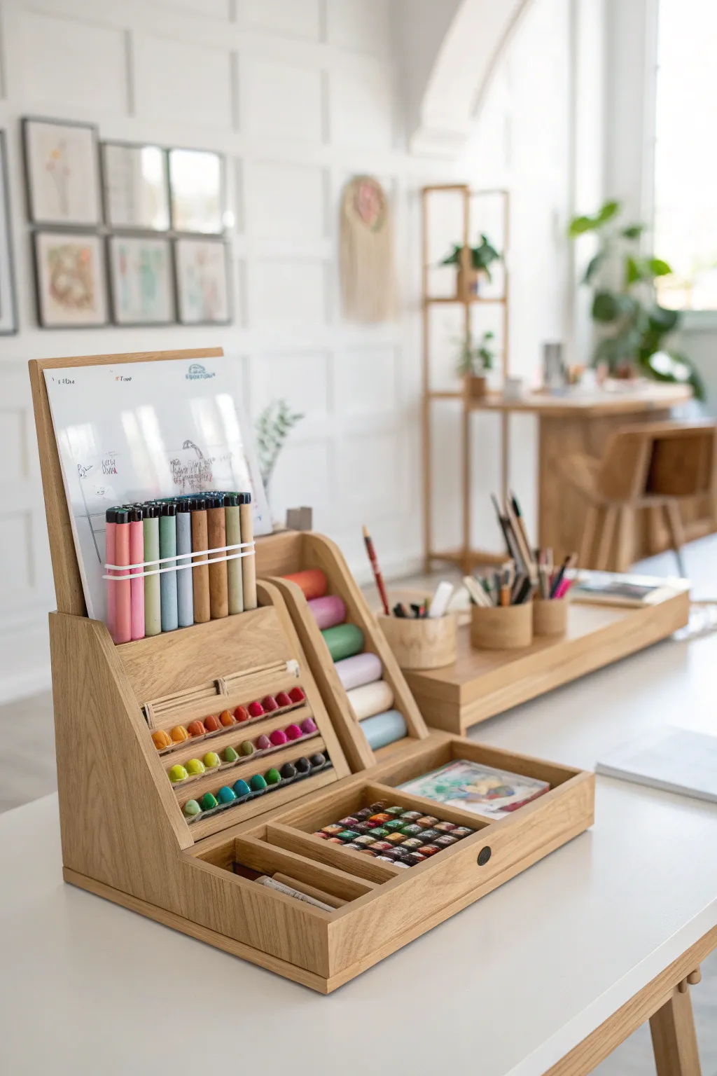 Effortlessly switch between crafts with this chic and adaptable art supply station.