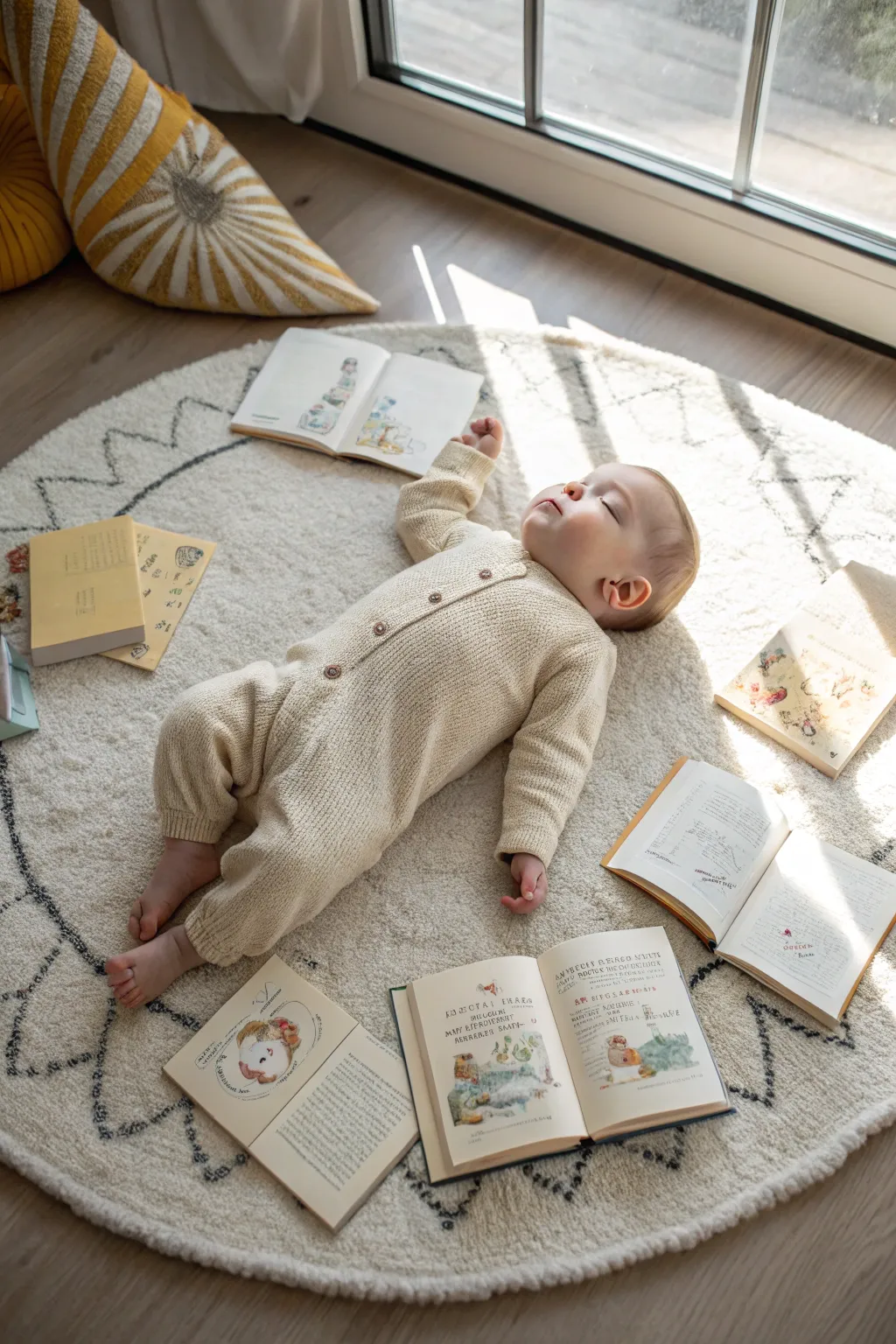 Capture the charm of a little bookworm in a cozy, minimalist setting.