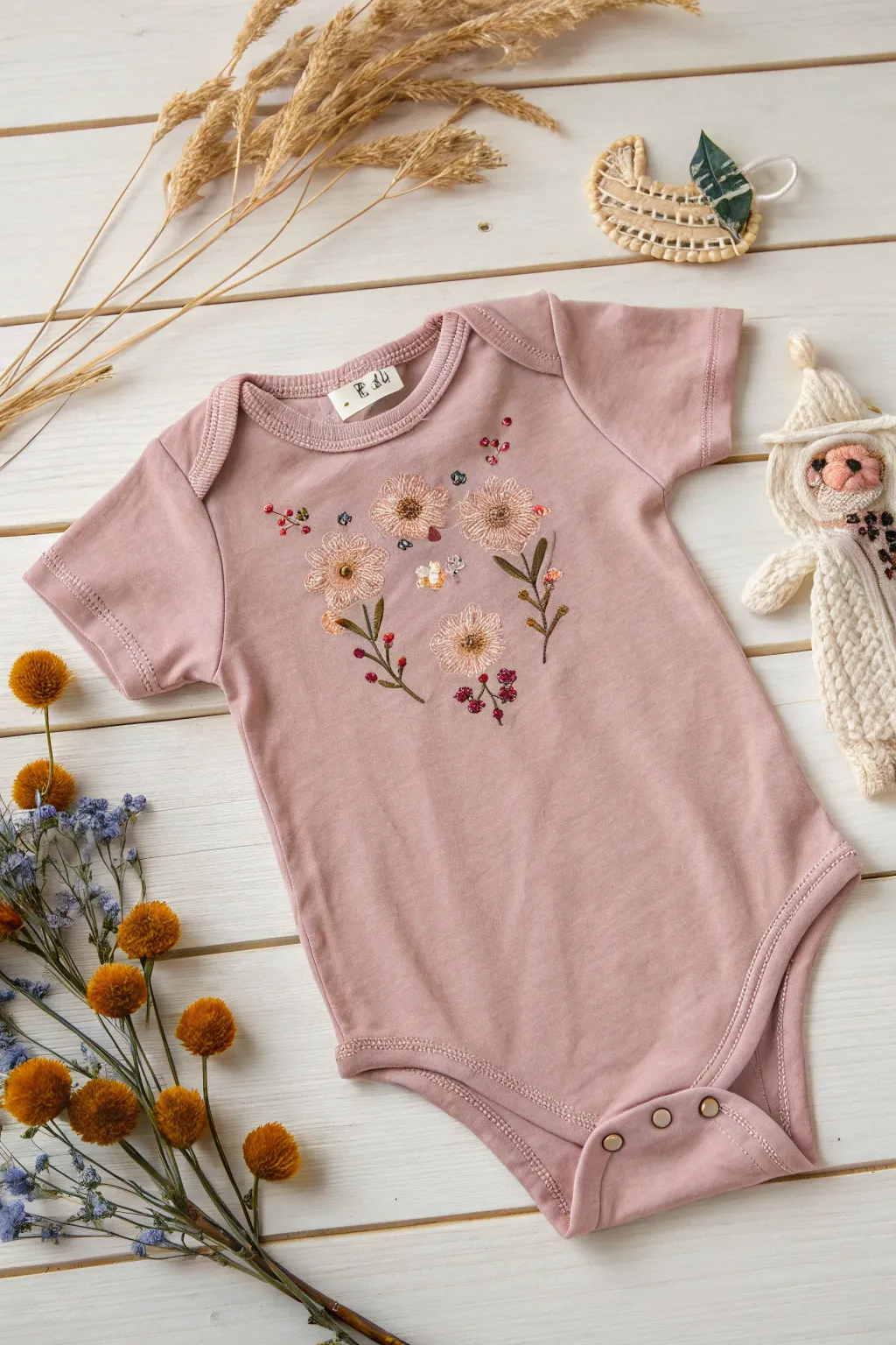 Embrace the charm of embroidery: Craft a unique onesie with simple, elegant stitches.