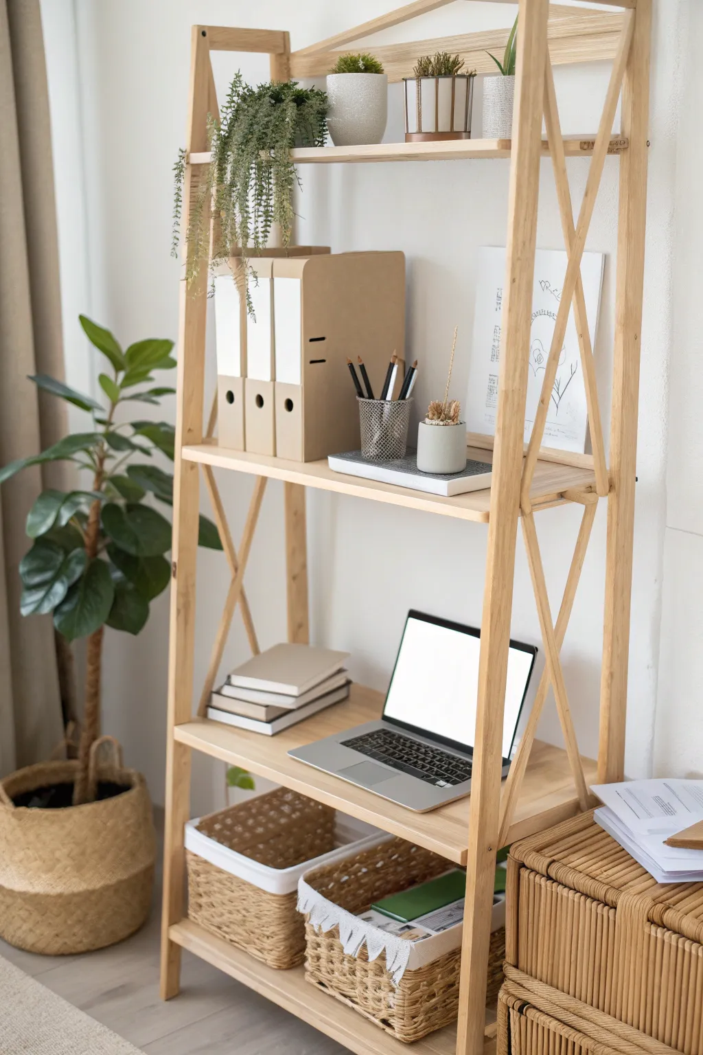 Transform your space with minimalist elegance: a baker's rack turned creative workspace.