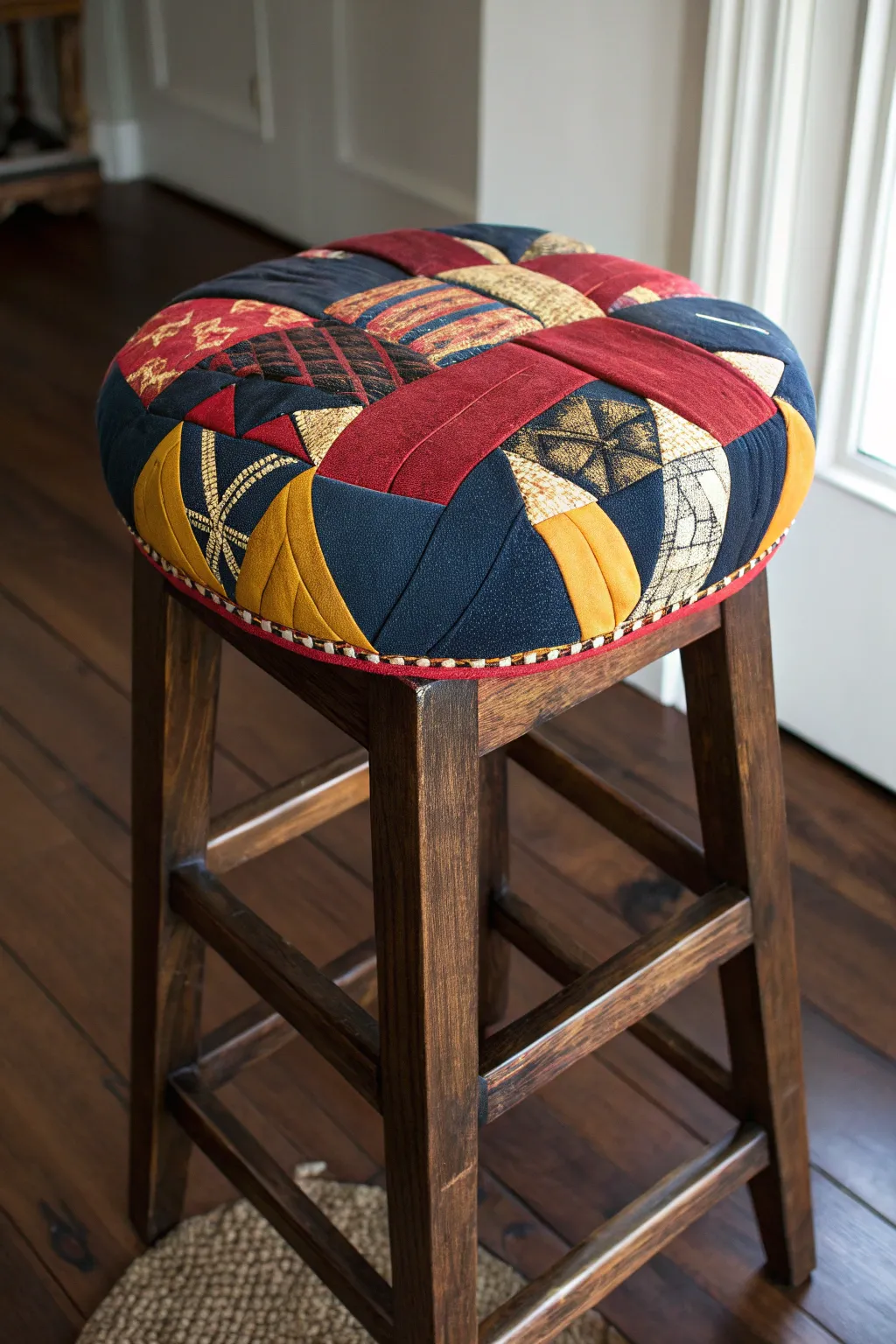 Add a splash of creativity and comfort with a handcrafted patchwork cushion barstool.