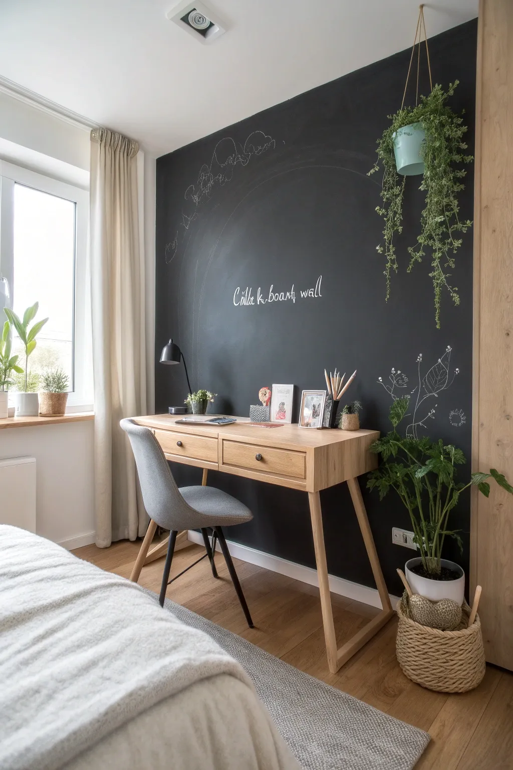 Transform your space into a creative haven with a chic chalkboard wall. Perfect for jotting down dreams and daily inspiration. #DIYDecor #ScandinavianStyle #BohoChic