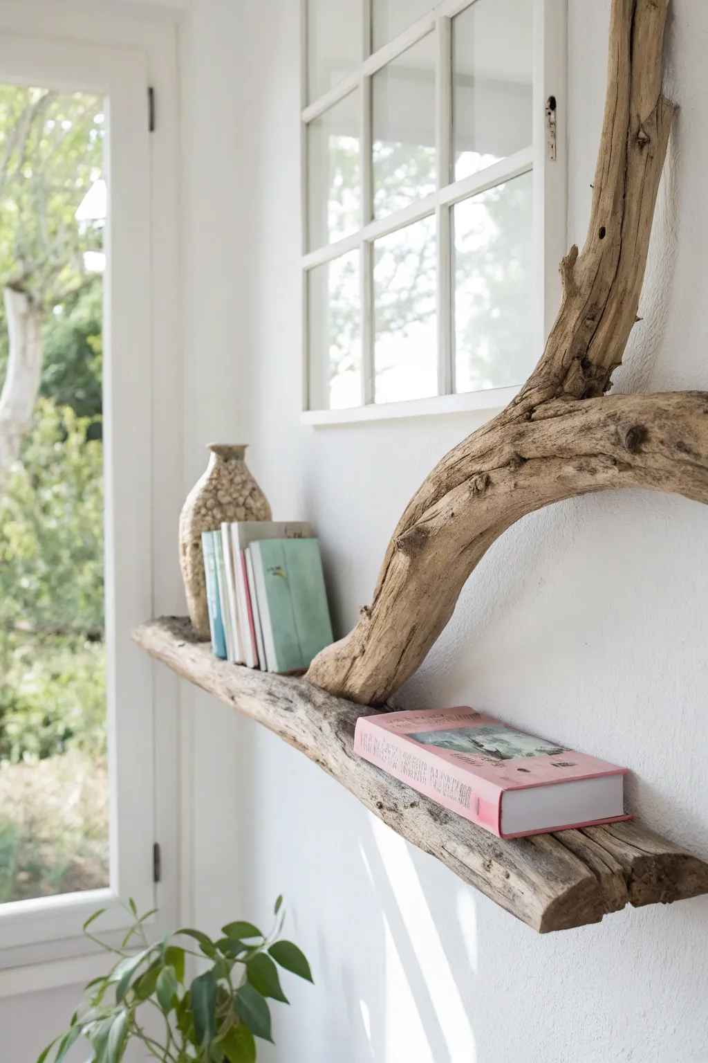 Elevate your reading nook with the rustic charm of a driftwood book ledge. Simple, natural beauty for any minimalist space.