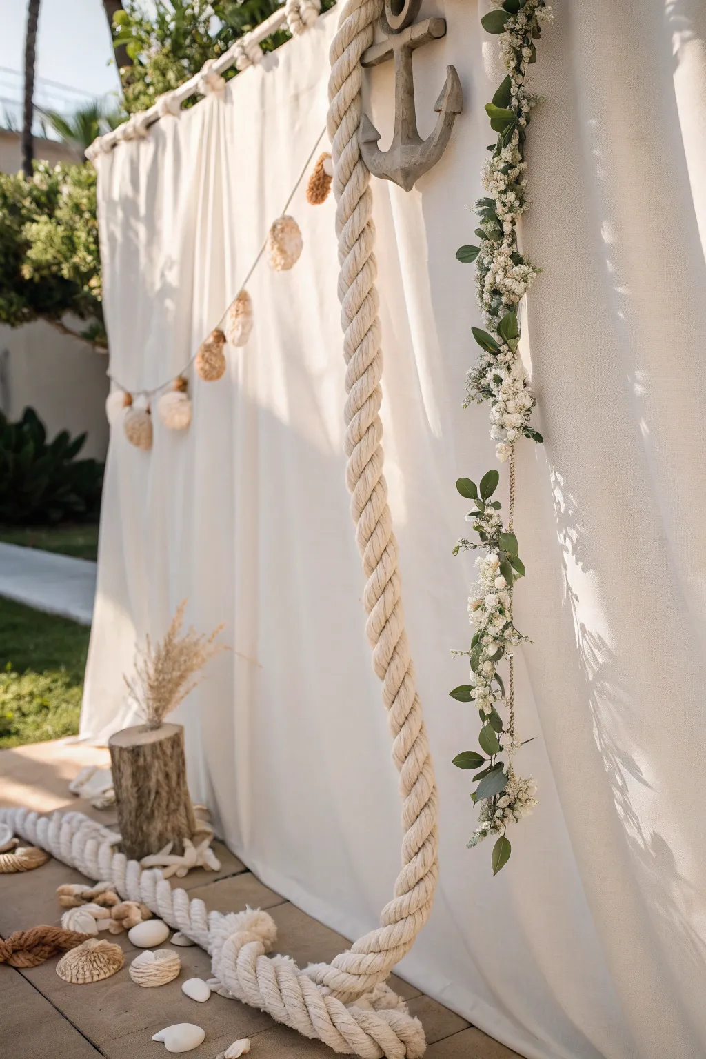 Embrace the calming allure of the sea with this Seaside Serenity bridal shower backdrop, perfect for a beach-loving bride.