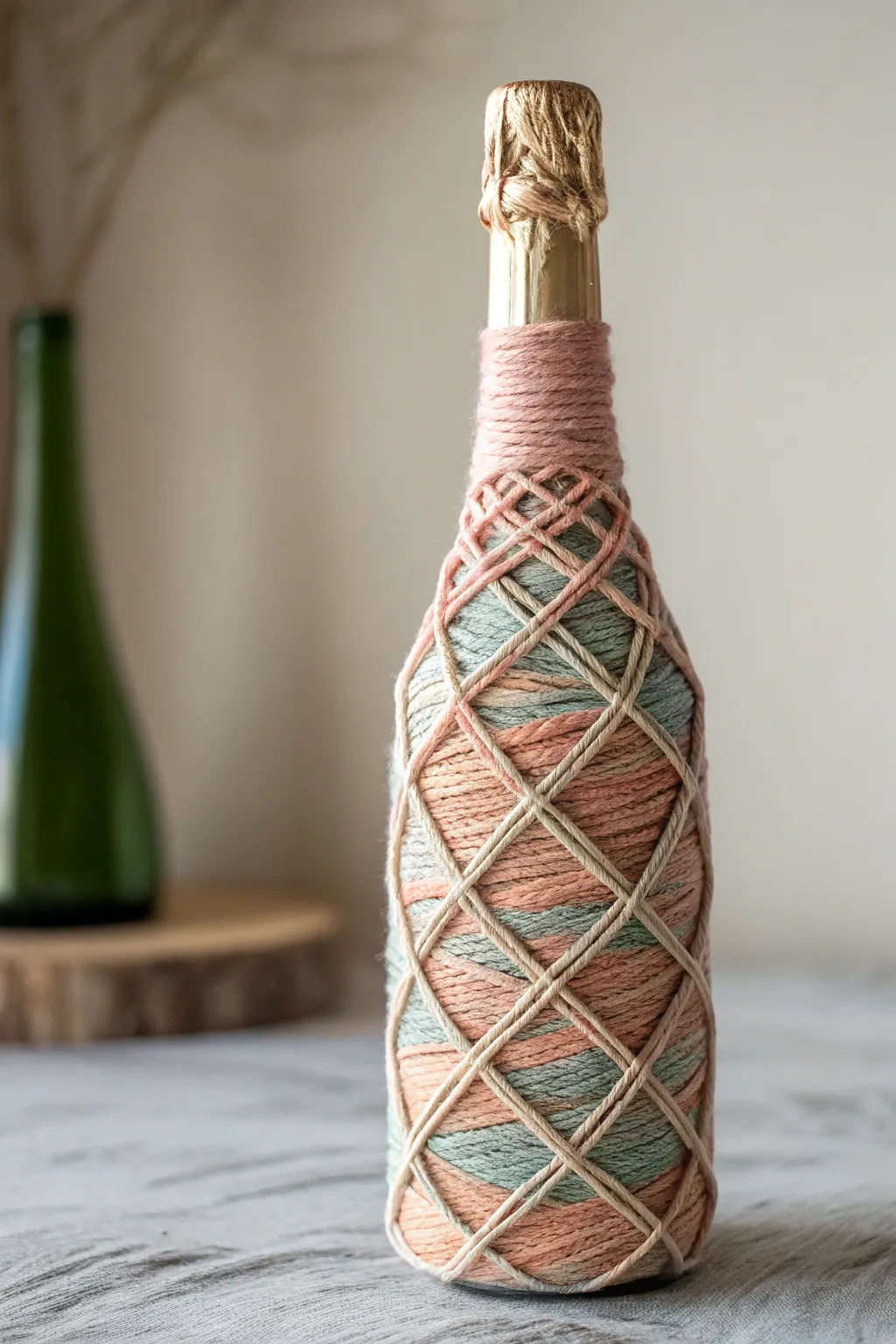 Transform your champagne bottle into a stunning centerpiece with rustic string art magic!