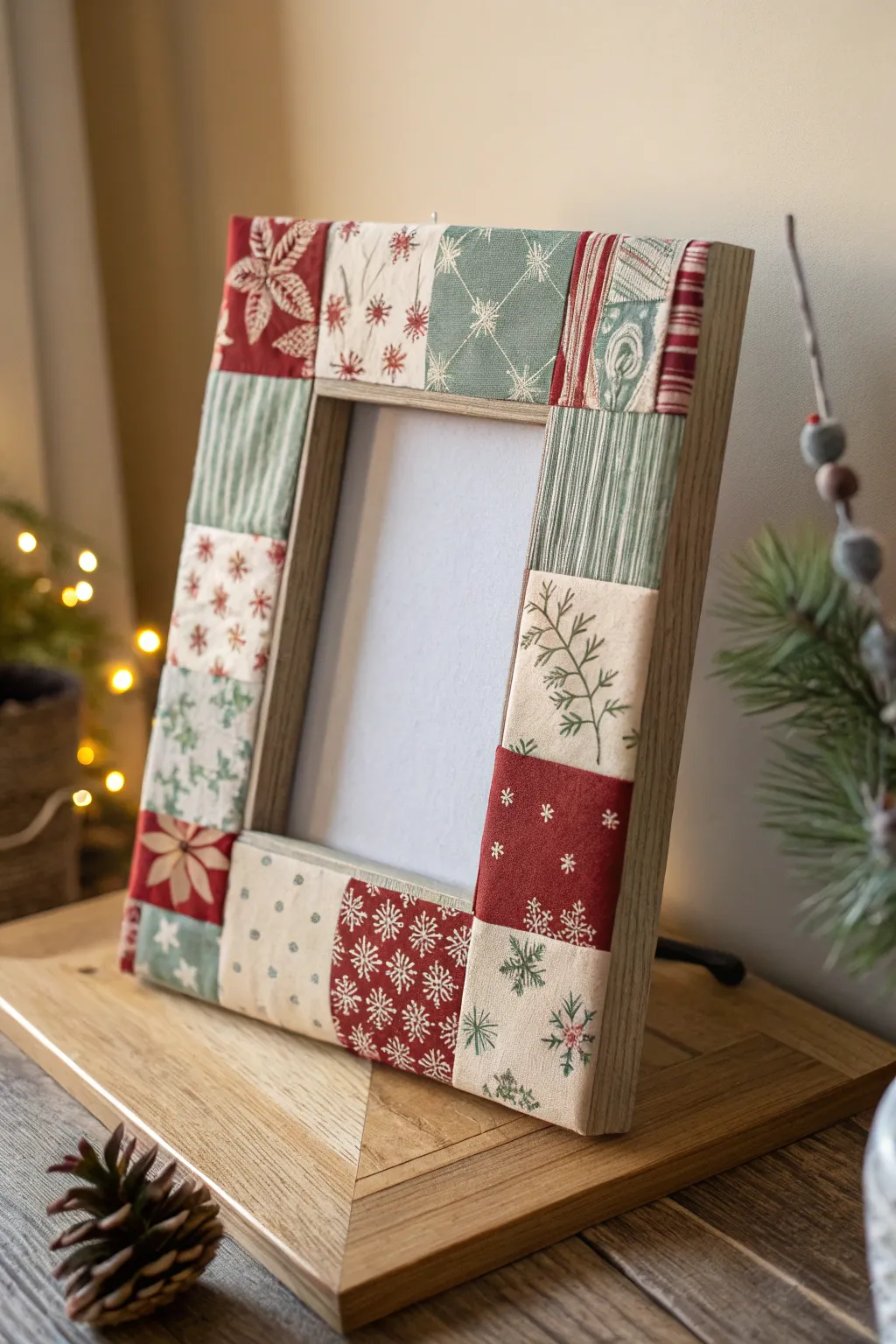 Transform fabric scraps into a stunning DIY Christmas frame for a touch of handcrafted holiday charm.