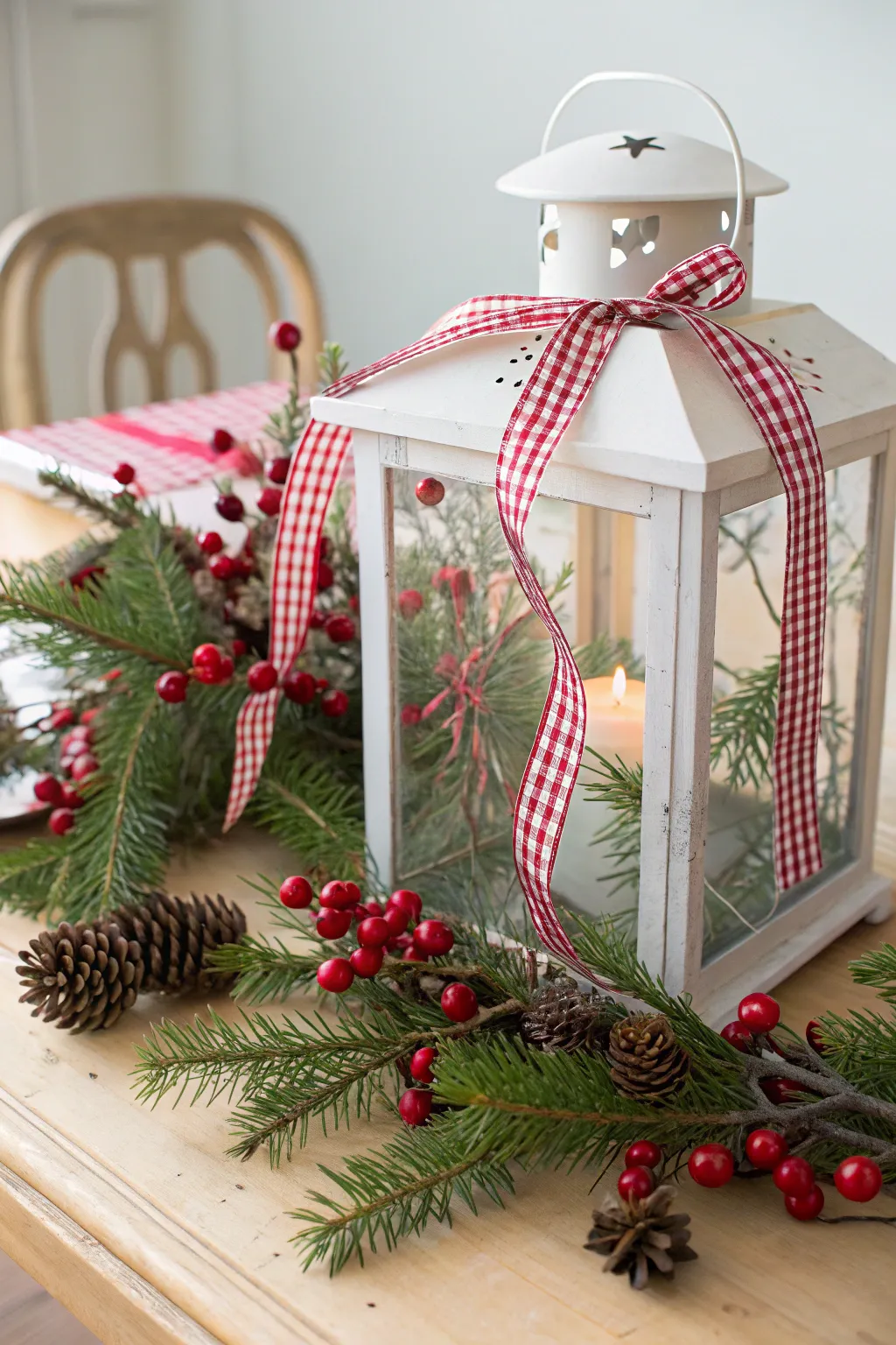 Embrace festive elegance with this DIY Christmas lantern adorned with check ribbon swag.