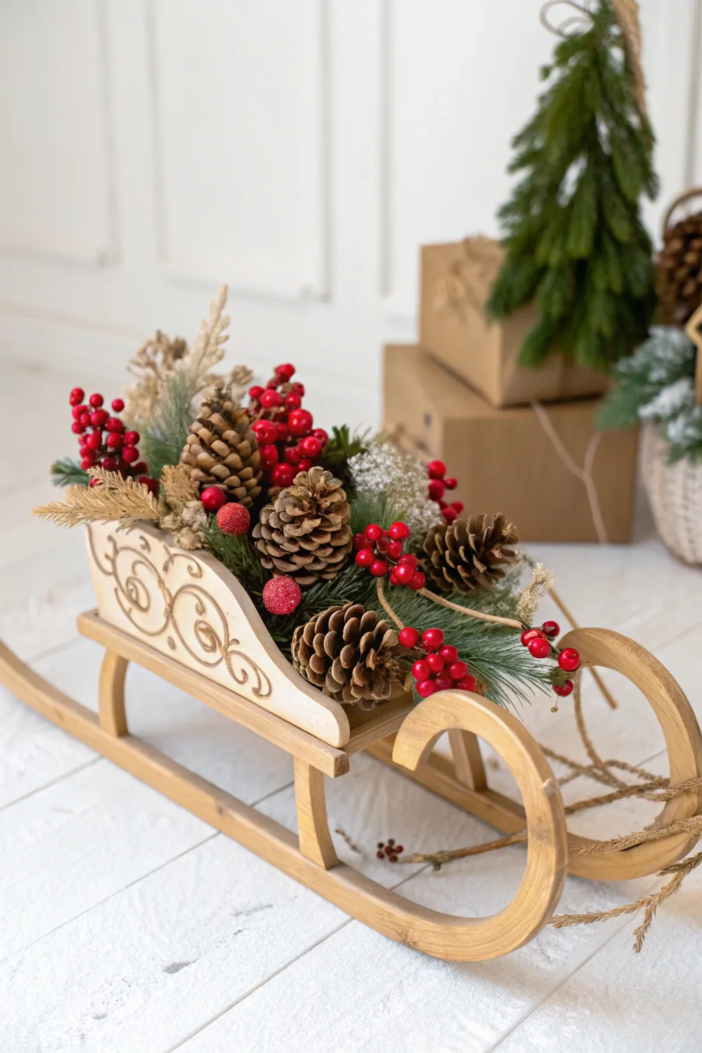 Embrace the beauty of nature this Christmas with a minimalist sleigh adorned with pinecones and berries. 🎄✨ #ScandiBoho #NaturalDecor