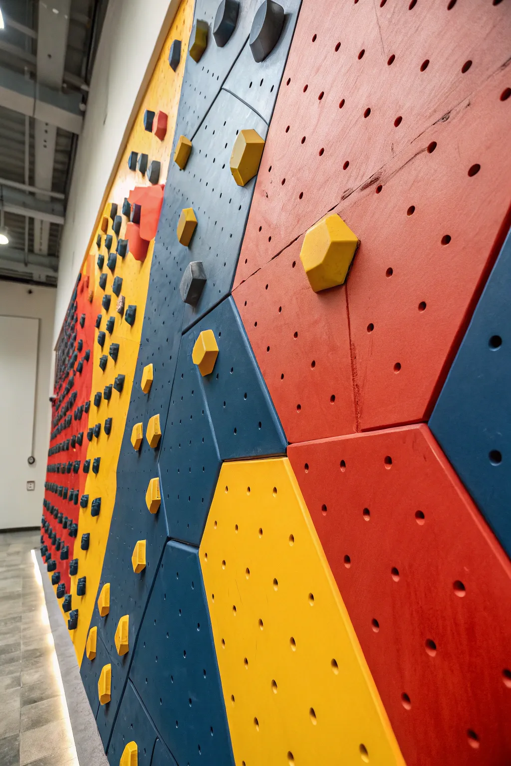 Transform your space with a bold geometric climbing wall that commands attention.