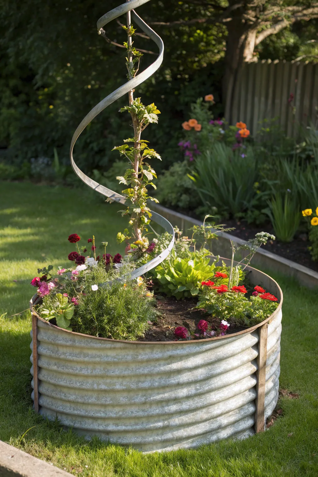 Transform your garden with this stunning corrugated metal spiral bed, where craftsmanship meets nature.