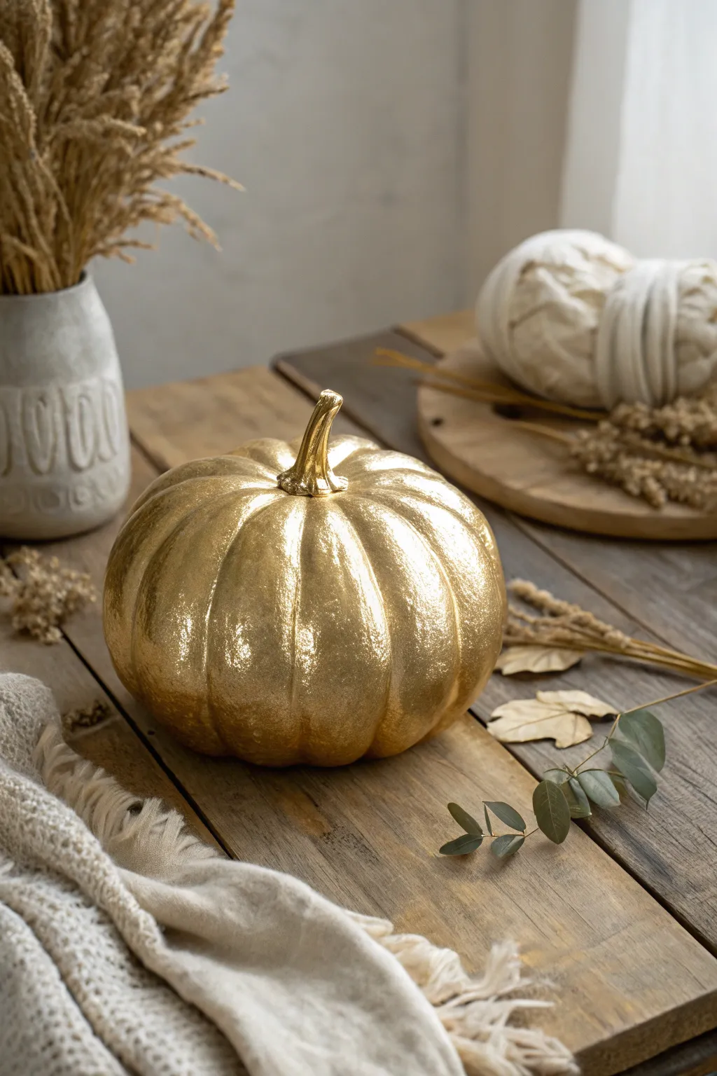 Elevate your fall decor with a touch of farmhouse glam - metallic pumpkins that shine in simplicity.