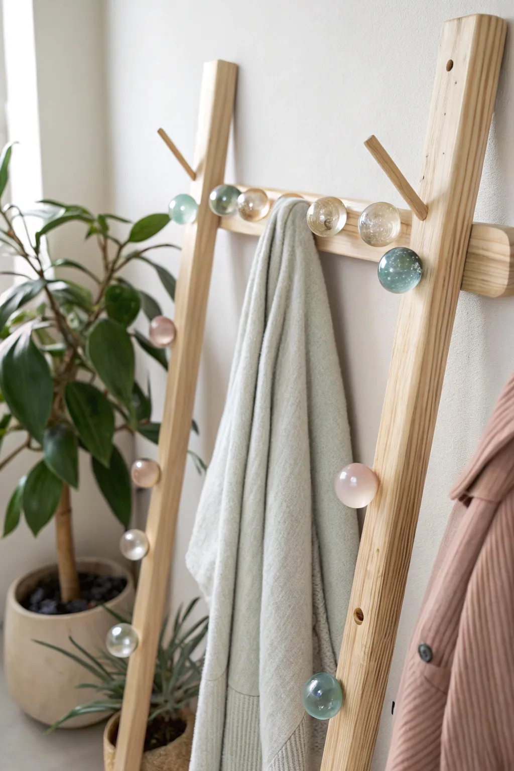 Transform your entryway with this charming DIY coat rack adorned with elegant glass marbles.