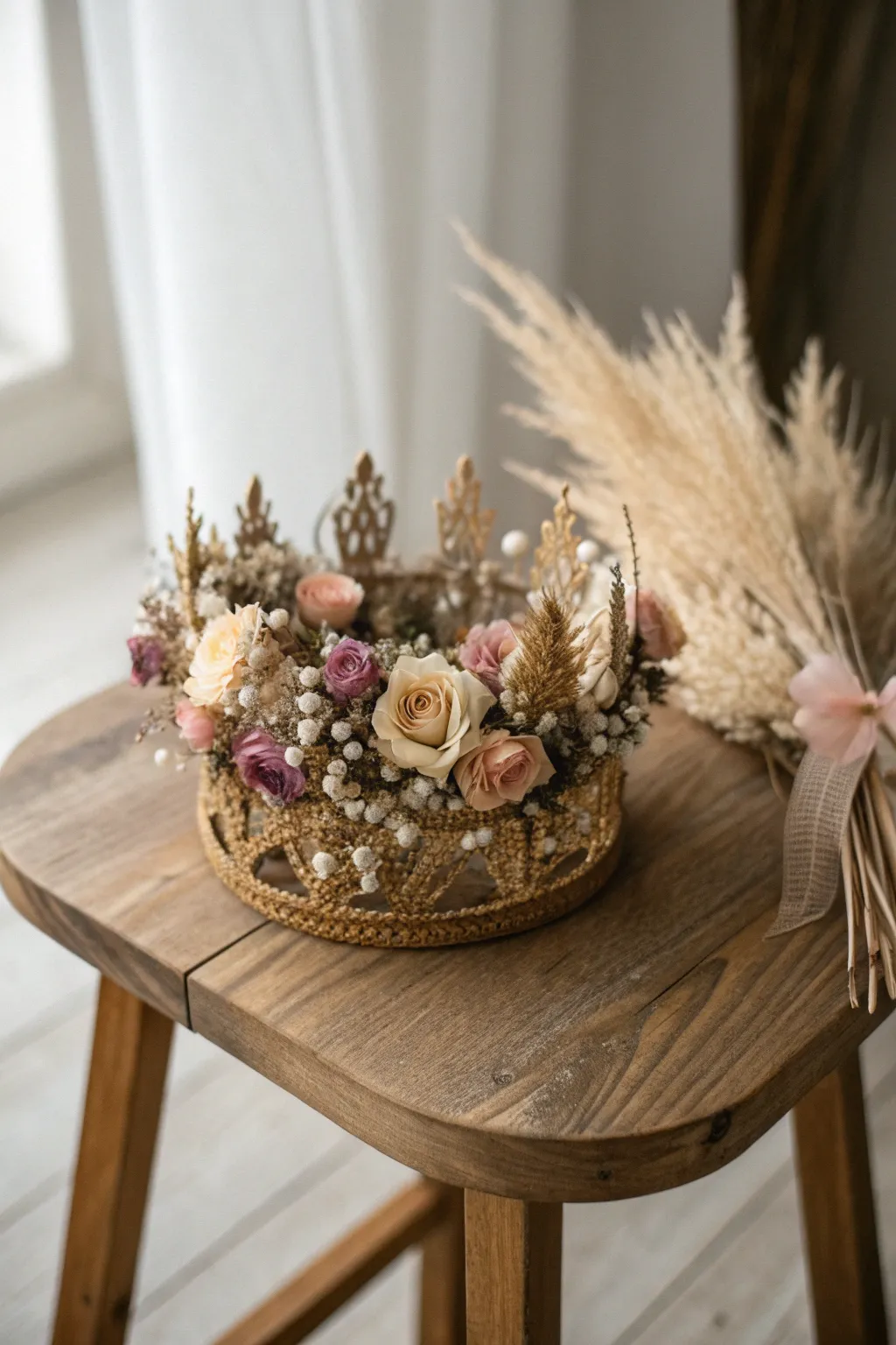 Embrace timeless elegance with a dried flower crown centerpiece, capturing the essence of Scandinavian simplicity with a boho twist.