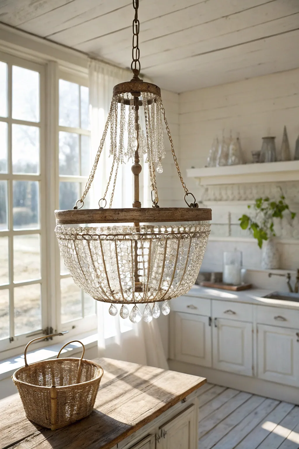Illuminate your space with rustic elegance: a DIY crystal chandelier that brings cozy charm to any kitchen.