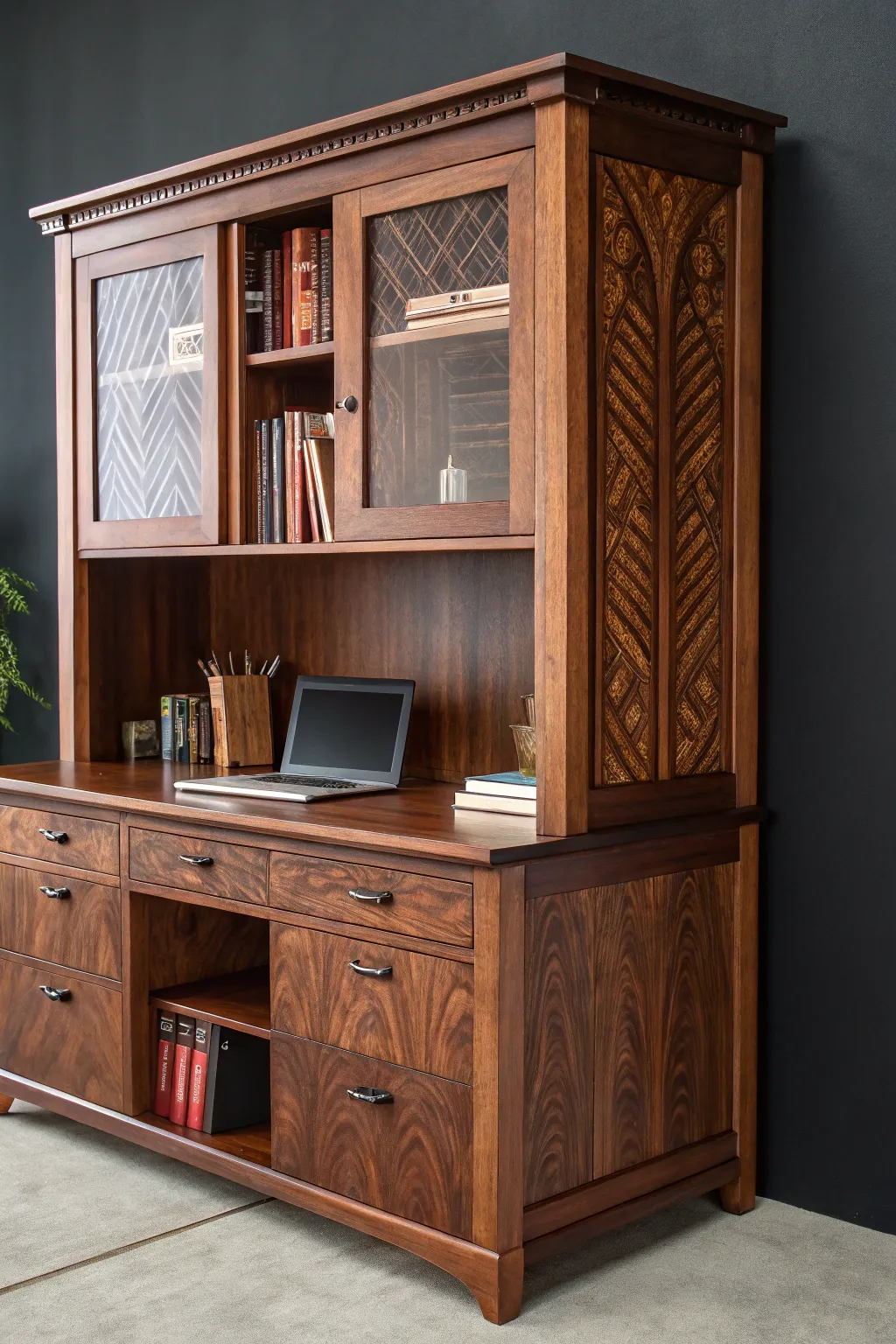 Elevate your workspace with a sophisticated sliding door hutch, where craftsmanship meets functionality.