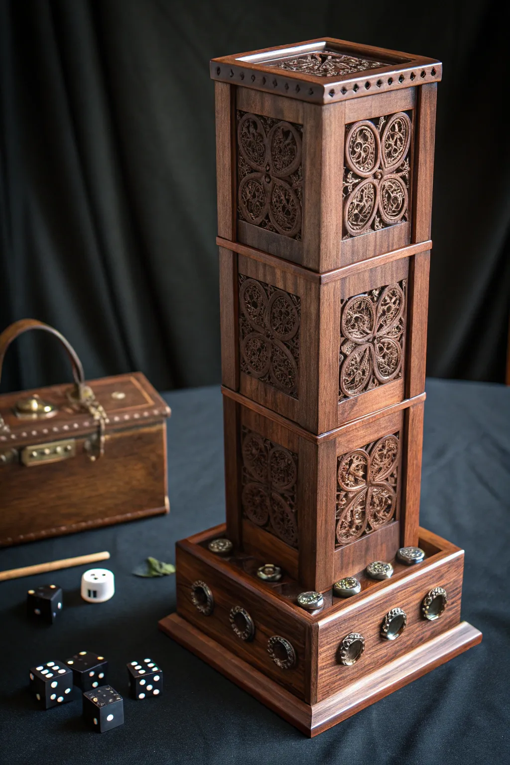 Experience the elegance of craftsmanship with this magnetic dice tower—where form meets function in bold style.